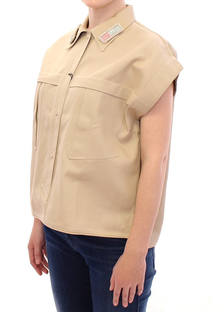 Sleeveless Beige Cotton Tank Top with Brooches - ventzia