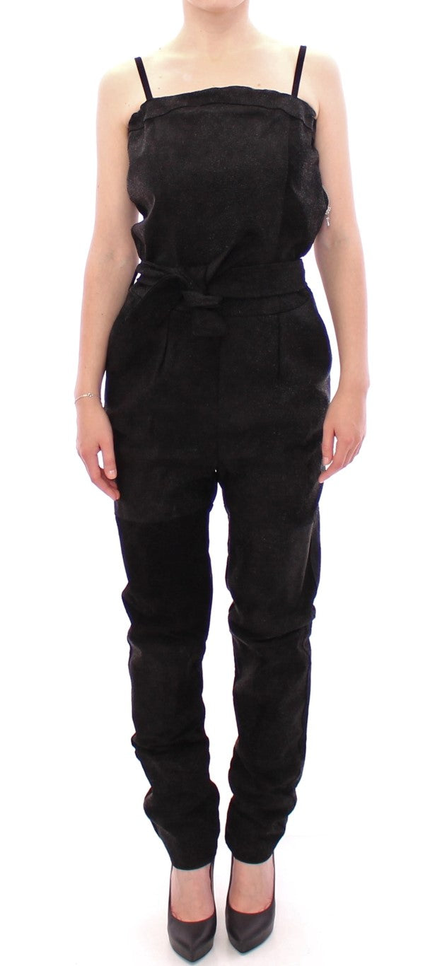 Elegant Black Leather Jumpsuit with Waist Strap - ventzia