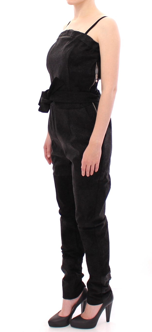 Elegant Black Leather Jumpsuit with Waist Strap - ventzia