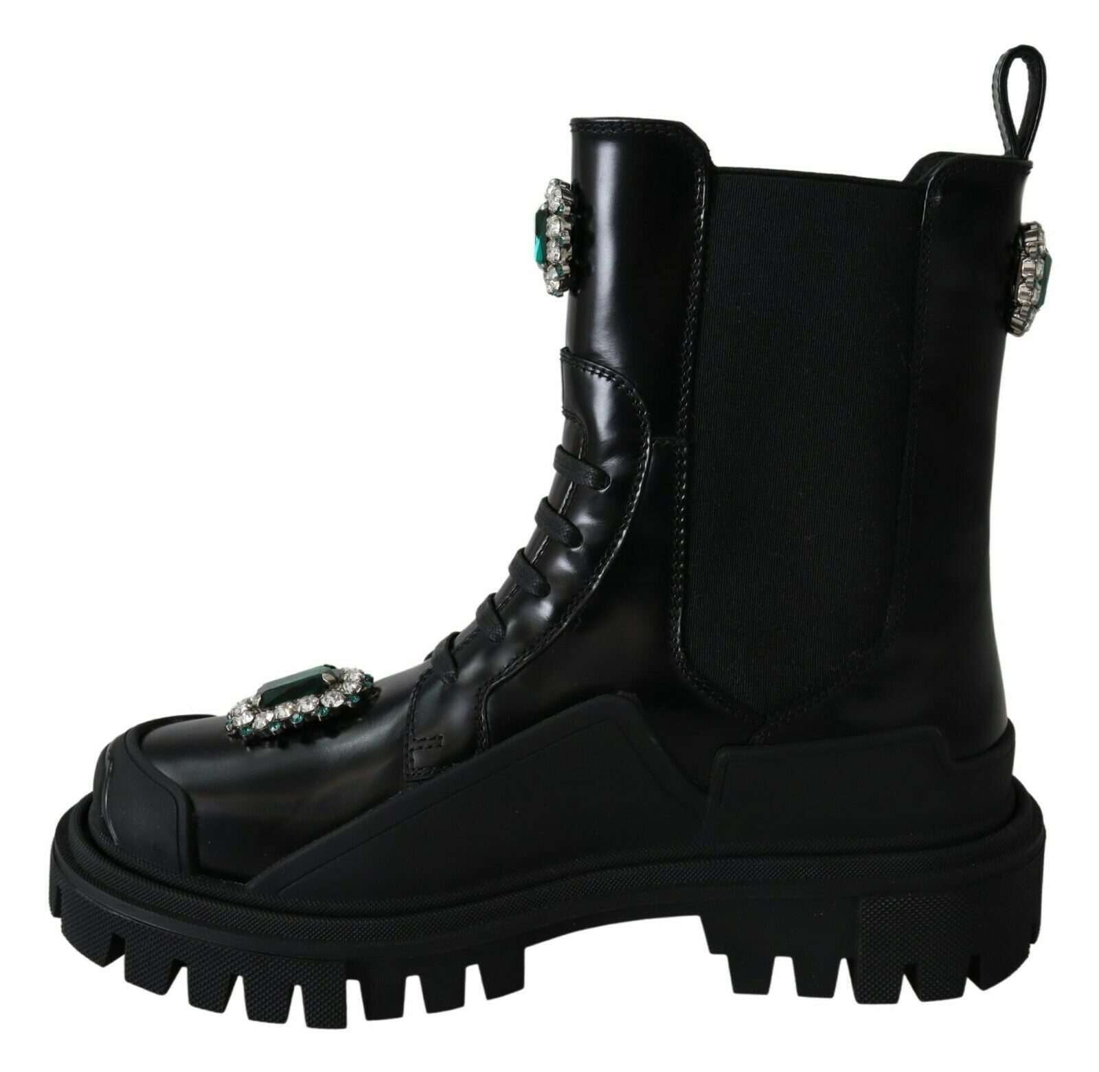 Elegant Black Leather Combat Boots with Crystal Detail - ventzia