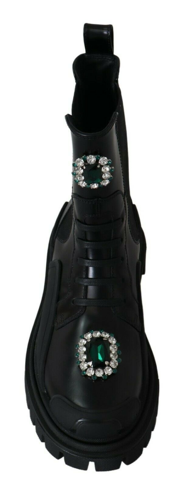 Elegant Black Leather Combat Boots with Crystal Detail - ventzia
