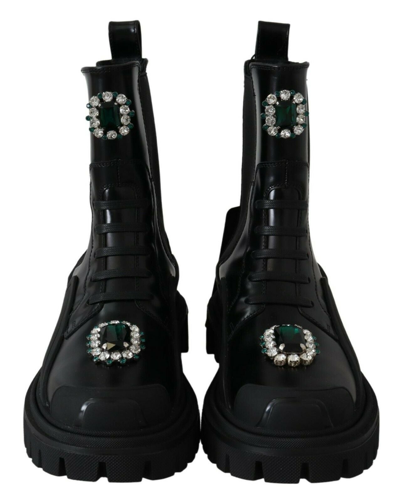 Elegant Black Leather Combat Boots with Crystal Detail - ventzia