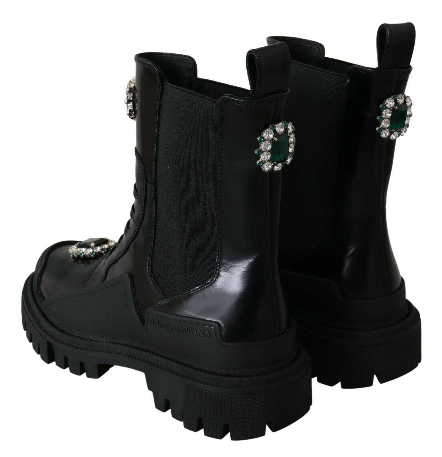 Elegant Black Leather Combat Boots with Crystal Detail - ventzia