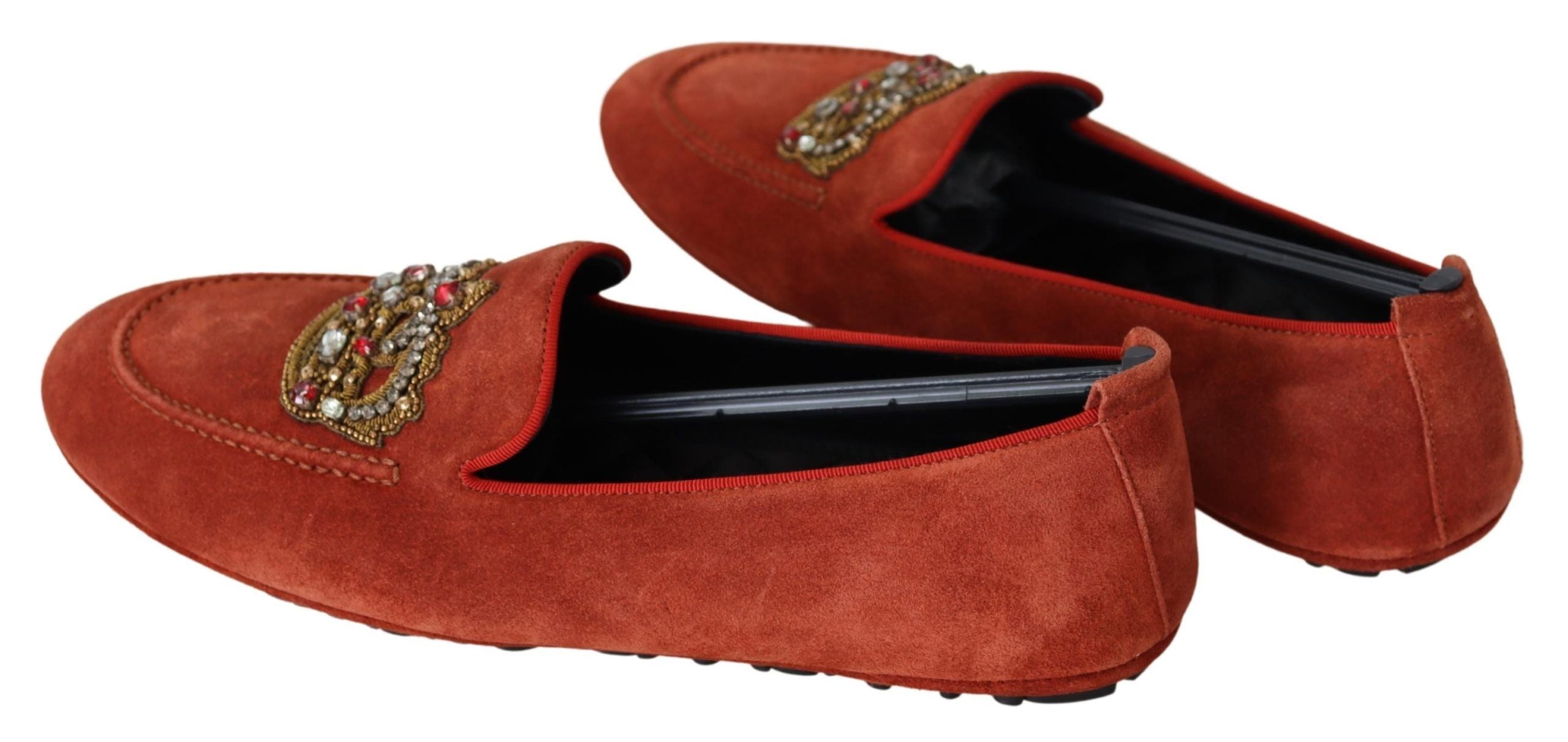 Opulent Orange Leather Loafers with Gold Embroidery - ventzia