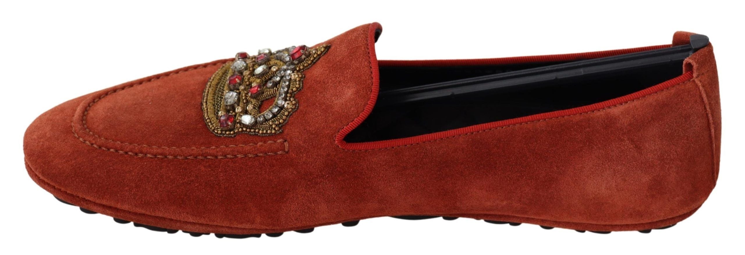 Opulent Orange Leather Loafers with Gold Embroidery - ventzia