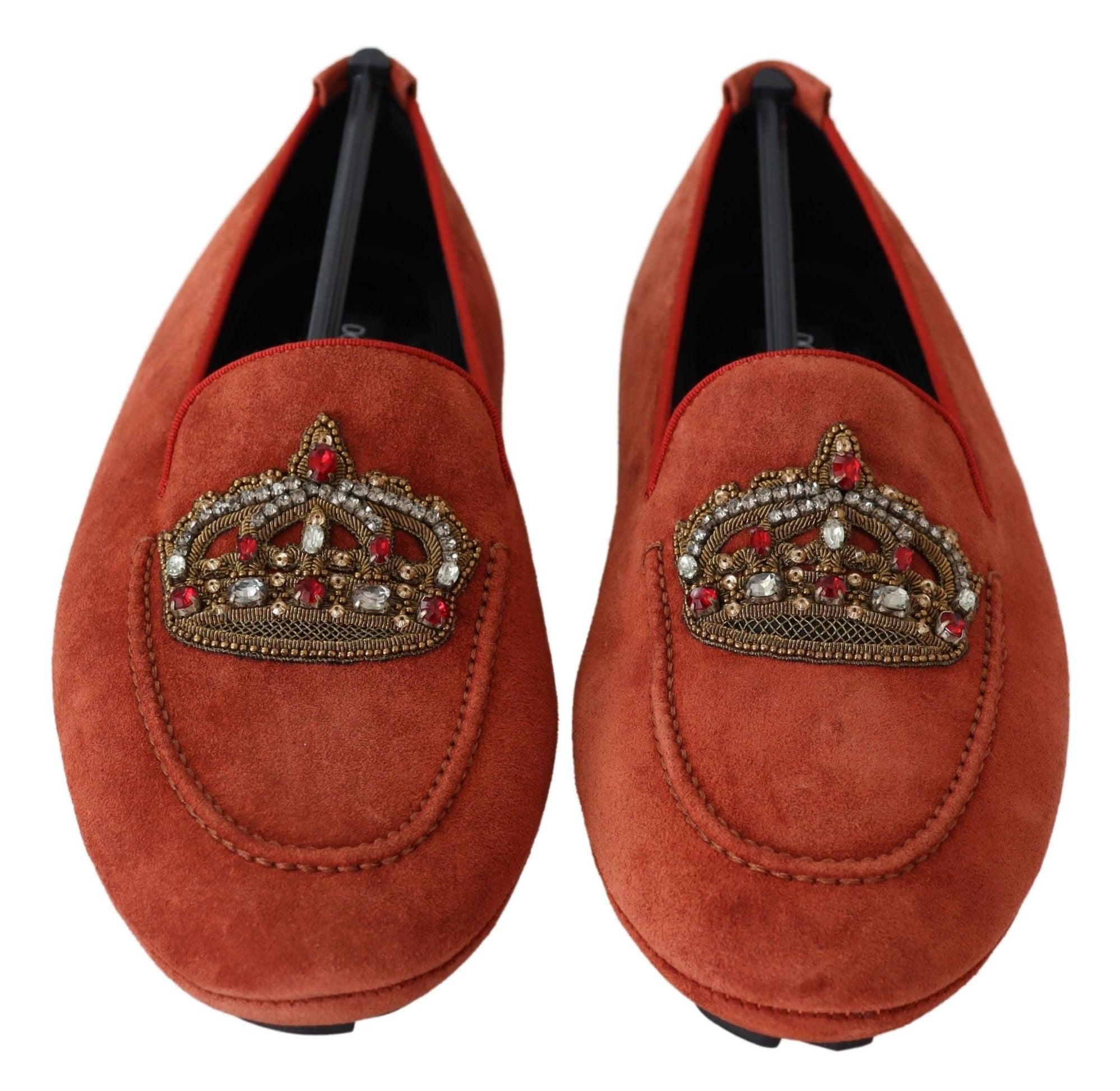 Opulent Orange Leather Loafers with Gold Embroidery - ventzia