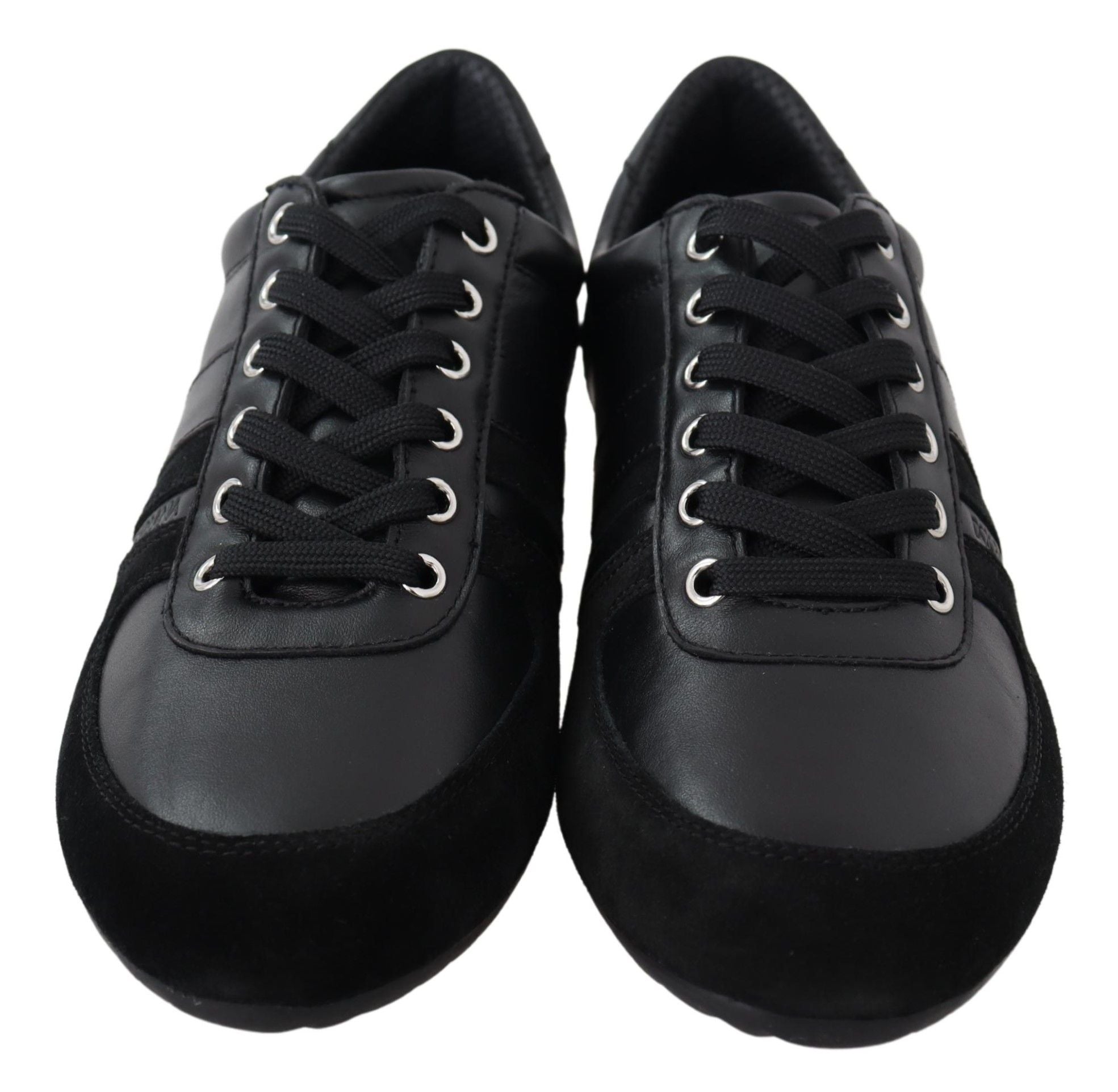 Elegant Black Leather Sport Sneakers - ventzia