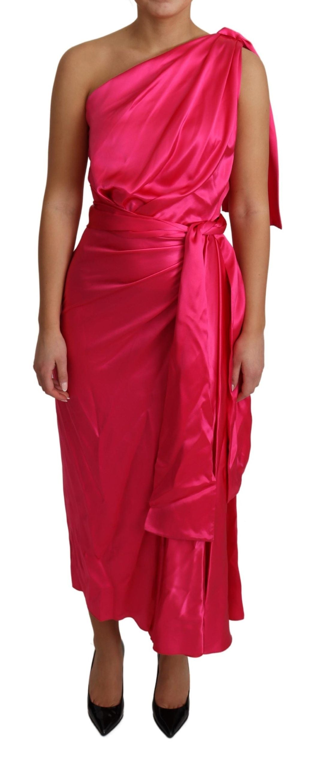 Elegant Fuchsia Silk One-Shoulder Wrap Dress - ventzia
