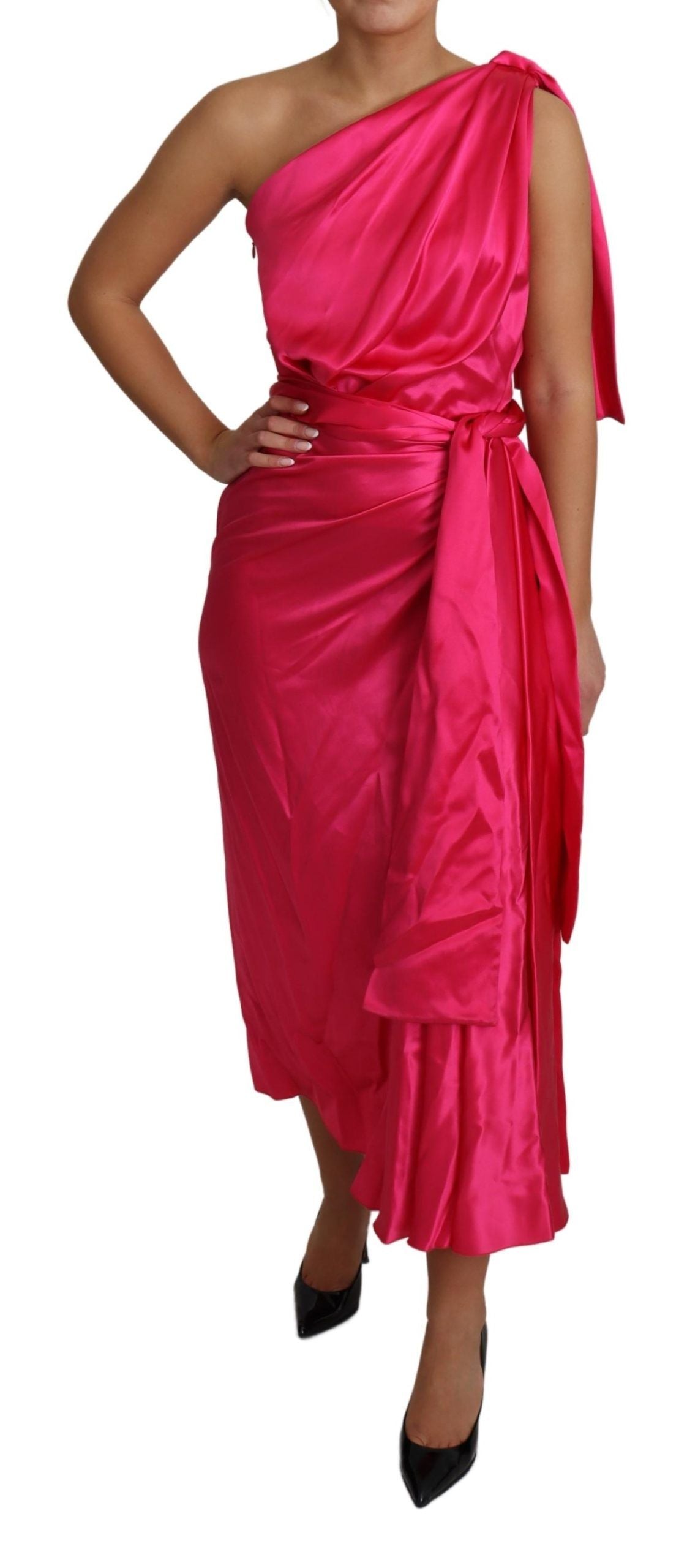 Elegant Fuchsia Silk One-Shoulder Wrap Dress - ventzia