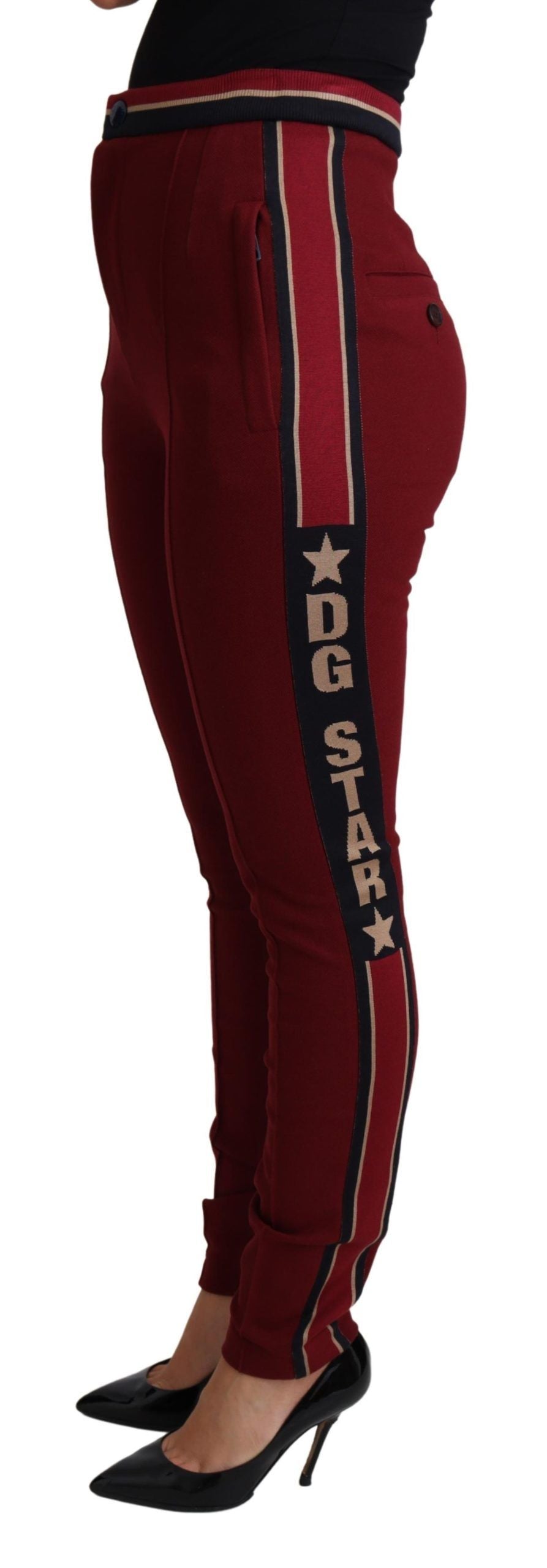 High-Waist Embroidered Red Skinny Trousers - ventzia