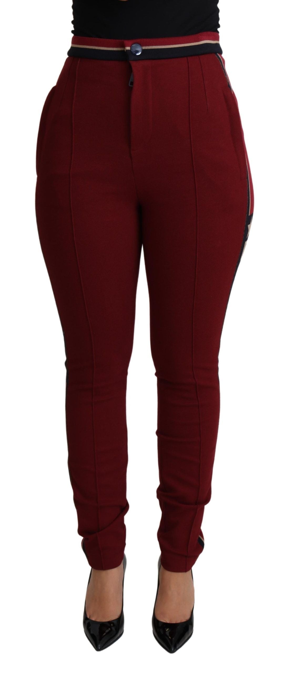 High-Waist Embroidered Red Skinny Trousers - ventzia