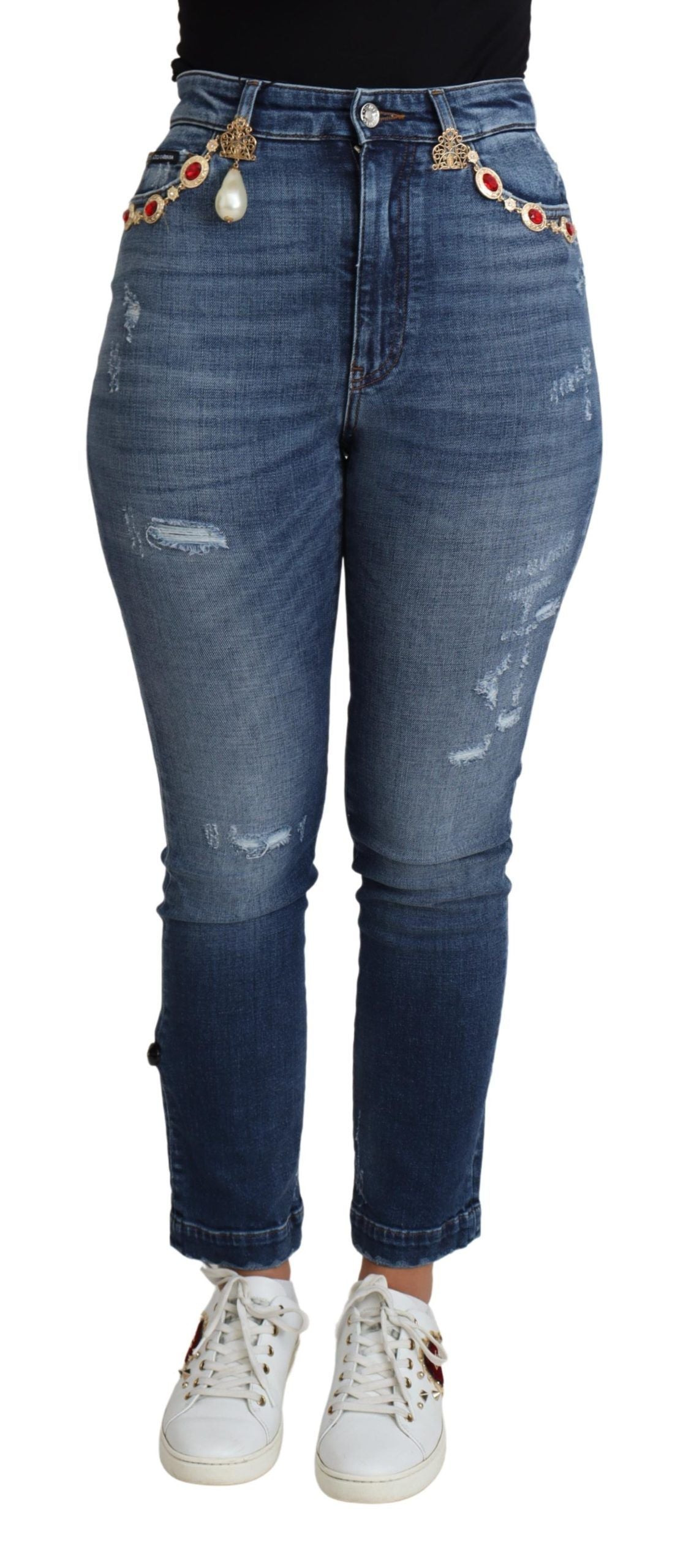 Embellished High Waist Skinny Denim Jeans - ventzia