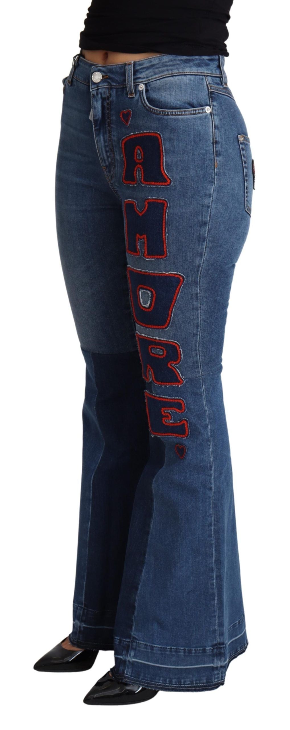 Elegant Boot Cut Denim Jeans with Amore Patch - ventzia