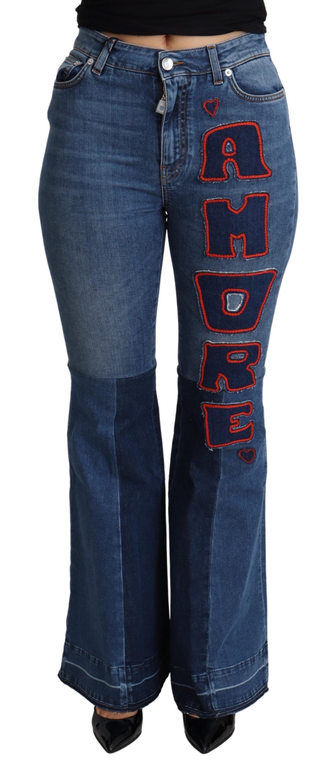 Elegant Boot Cut Denim Jeans with Amore Patch - ventzia