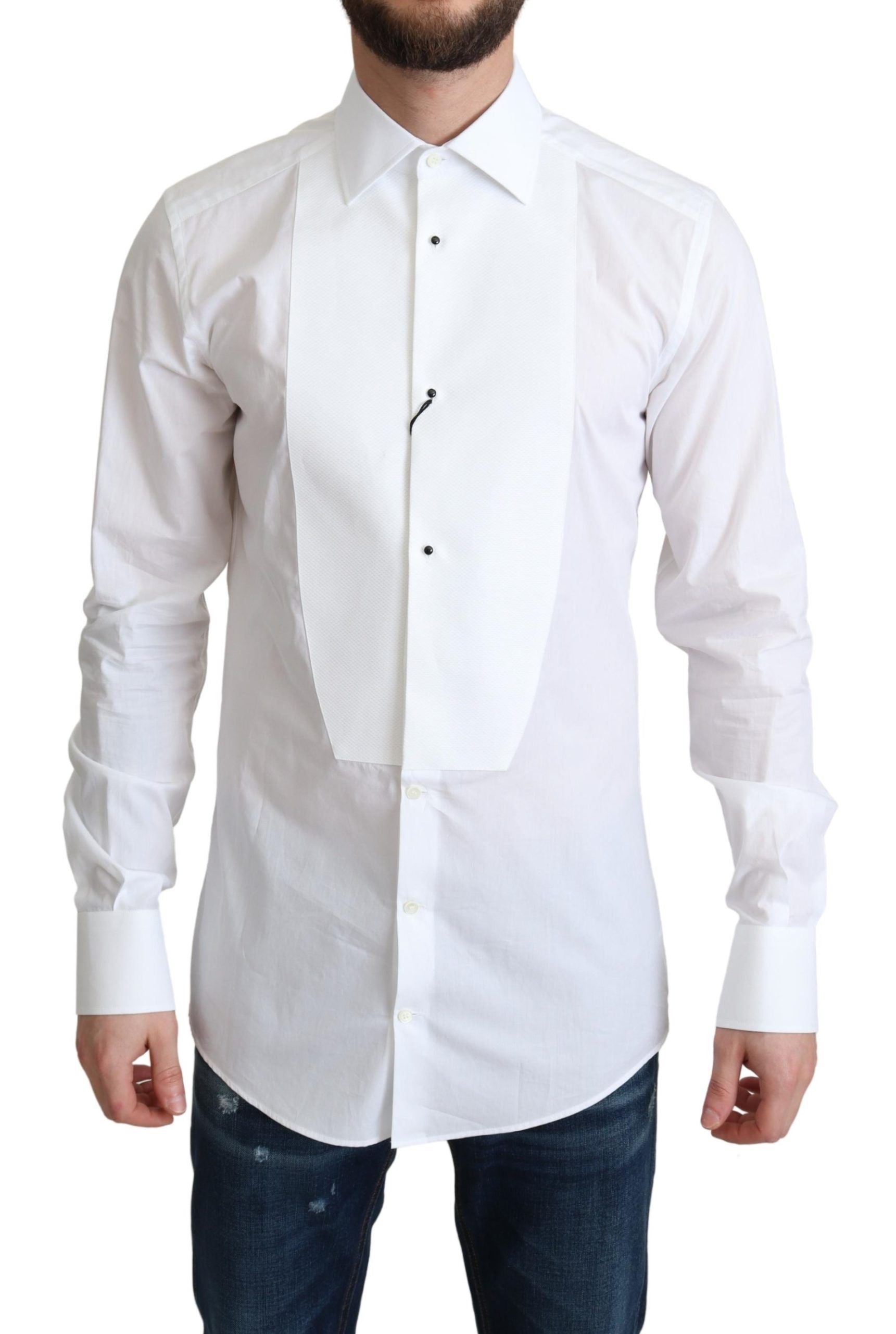 Elegant White Cotton Bib Dress Shirt - ventzia