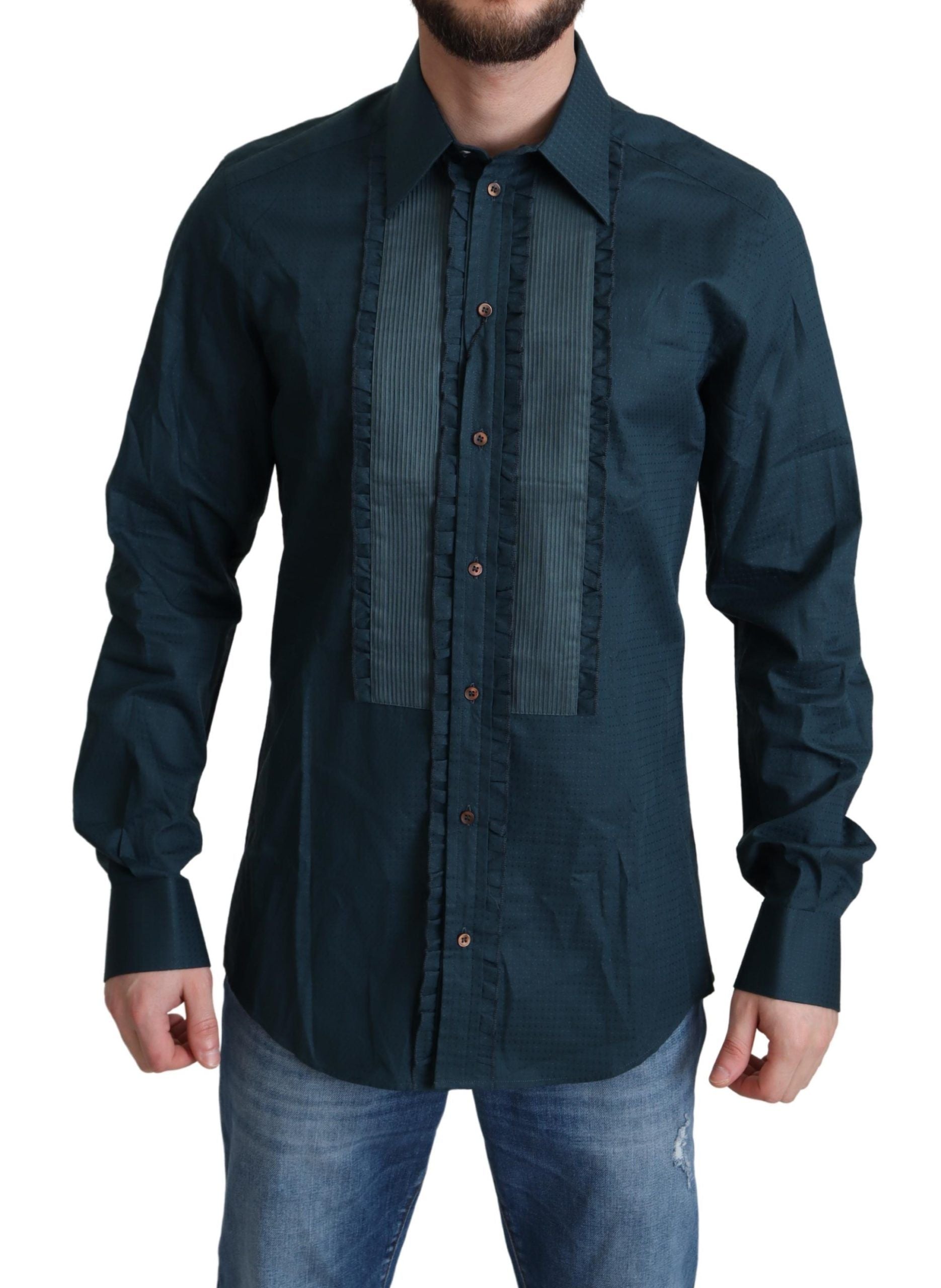 Elegant Blue Ruffled Tuxedo Shirt - ventzia