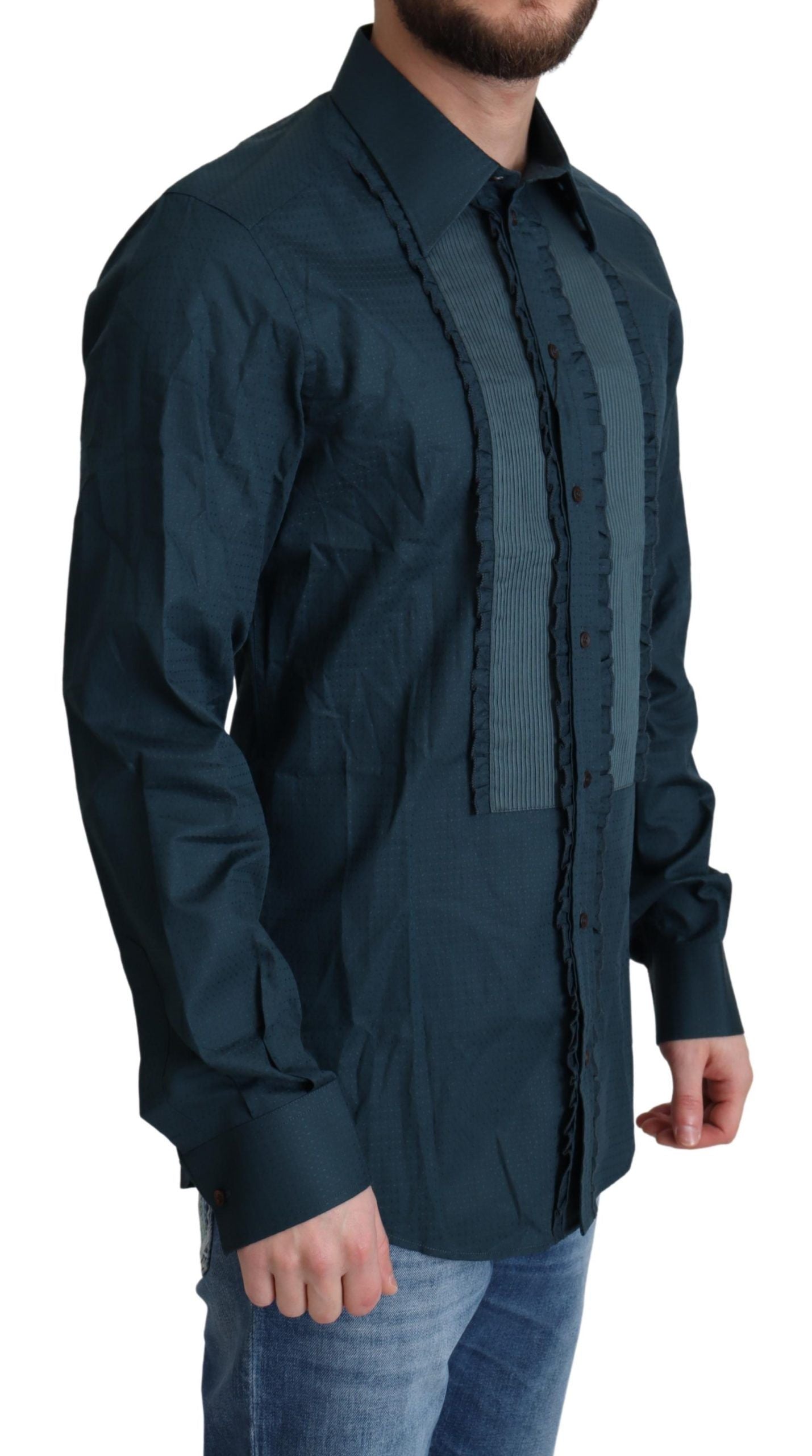 Elegant Blue Ruffled Tuxedo Shirt - ventzia