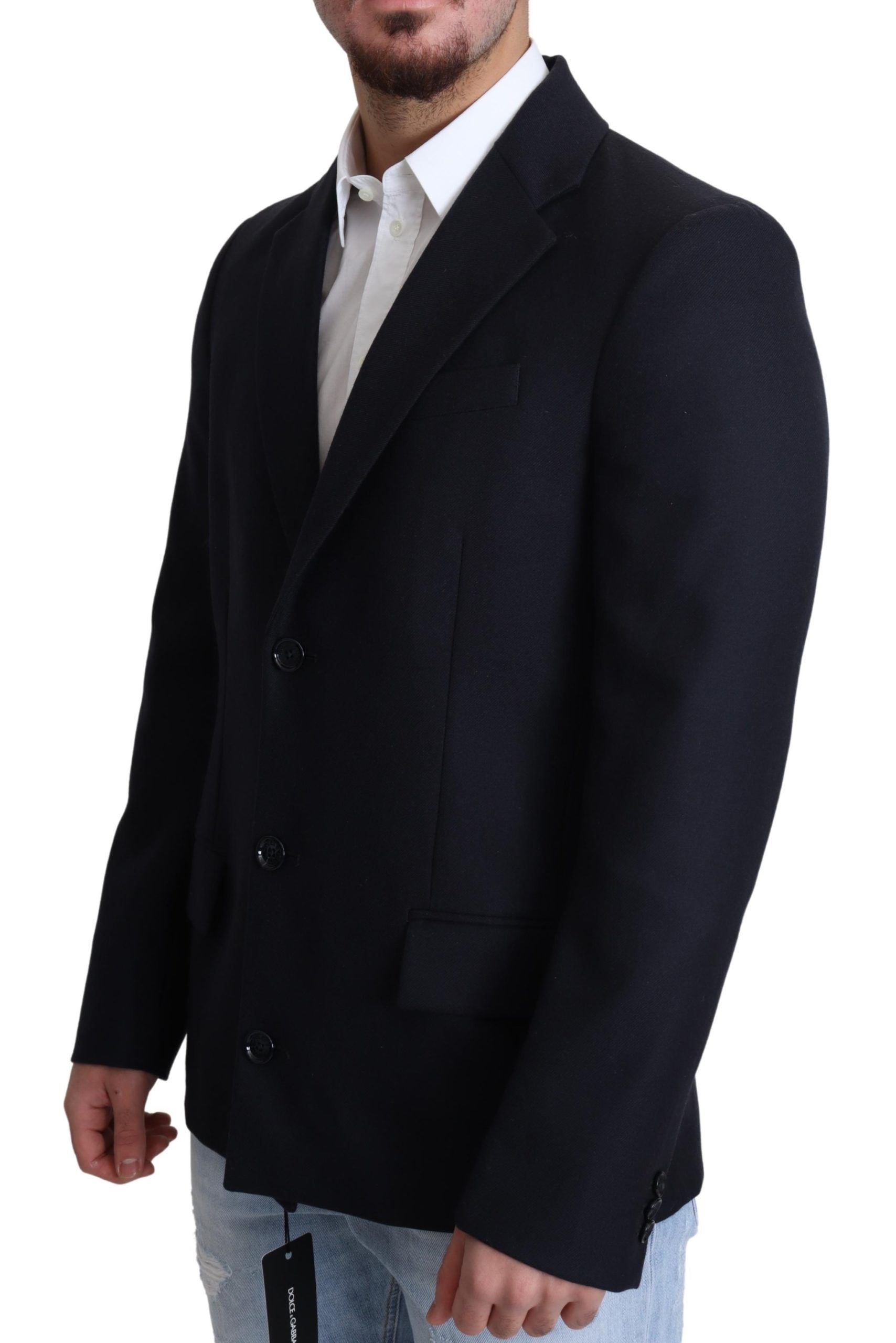 Elegant Dark Blue Virgin Wool Men's Coat - ventzia