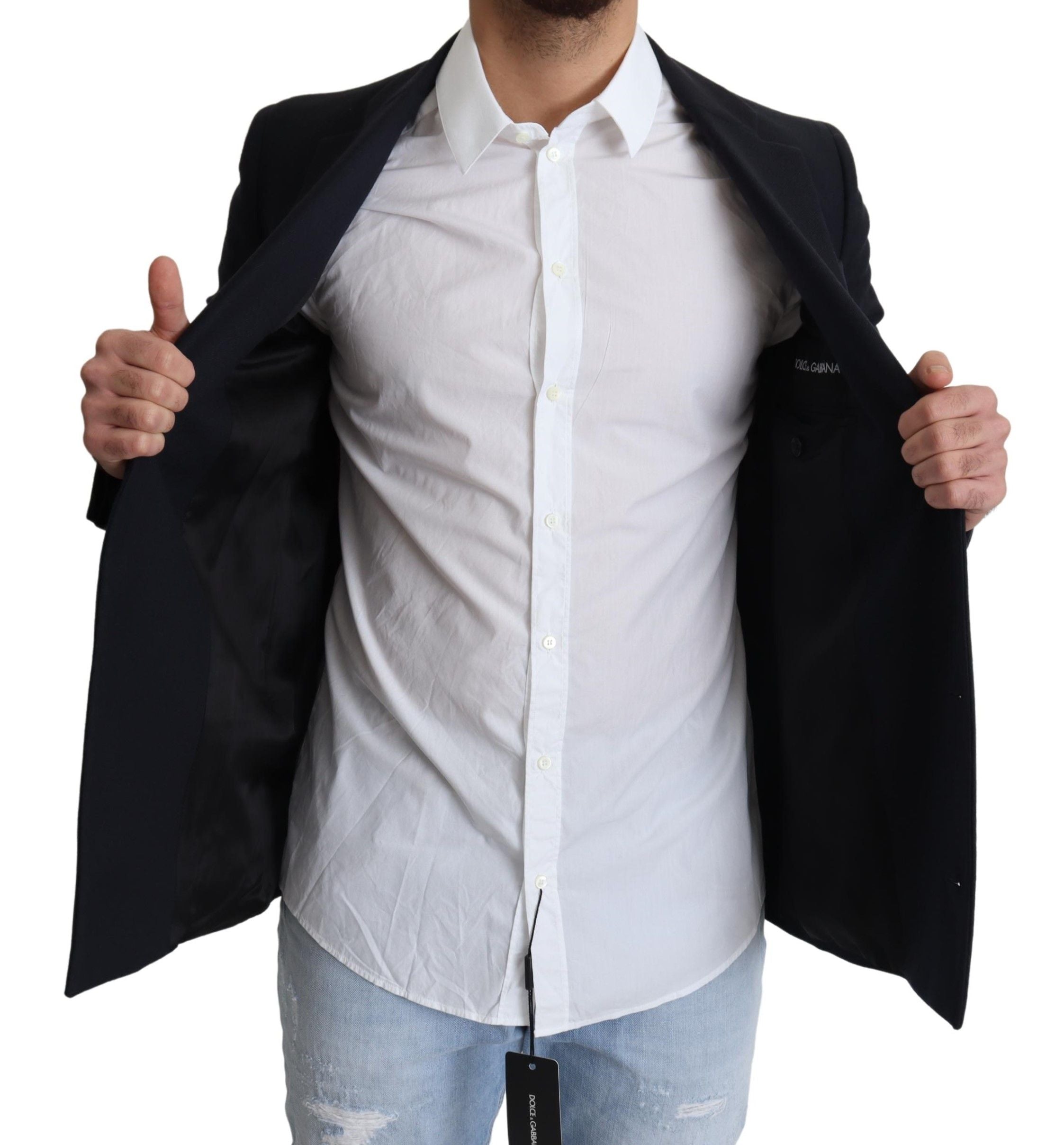 Elegant Dark Blue Virgin Wool Men's Coat - ventzia