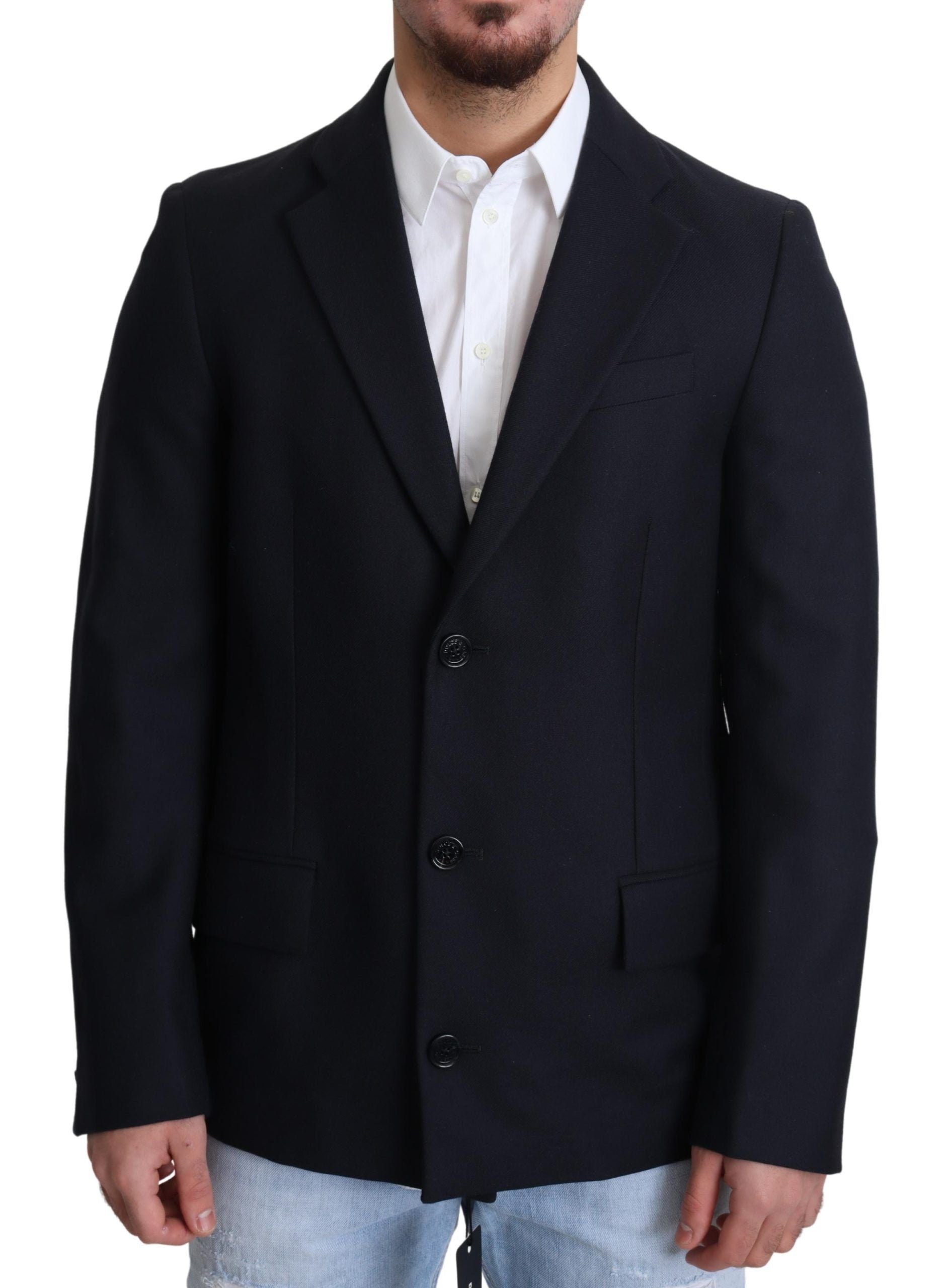 Elegant Dark Blue Virgin Wool Men's Coat - ventzia