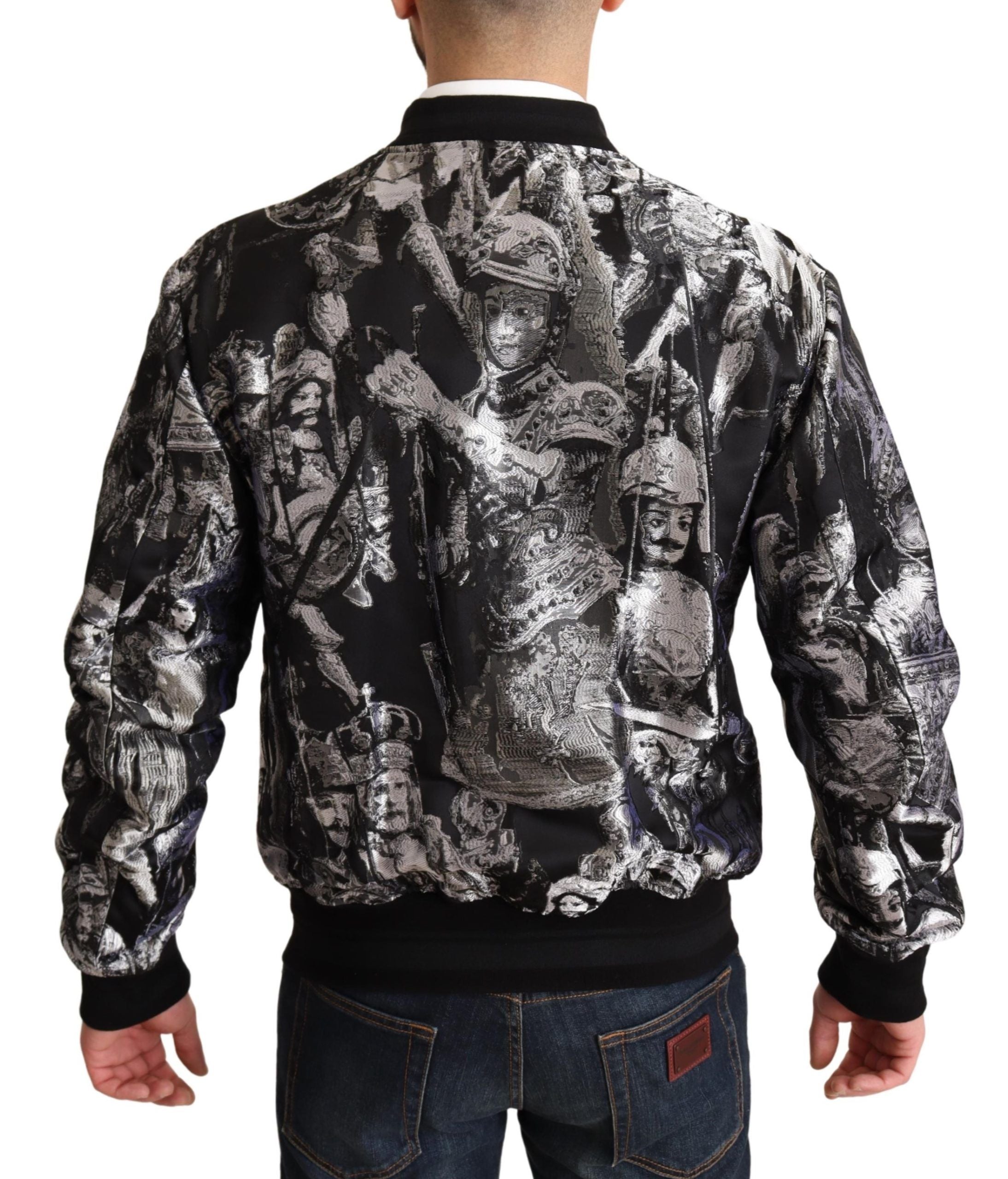 Elegant Black Bomber Jacket with Silver Details - ventzia