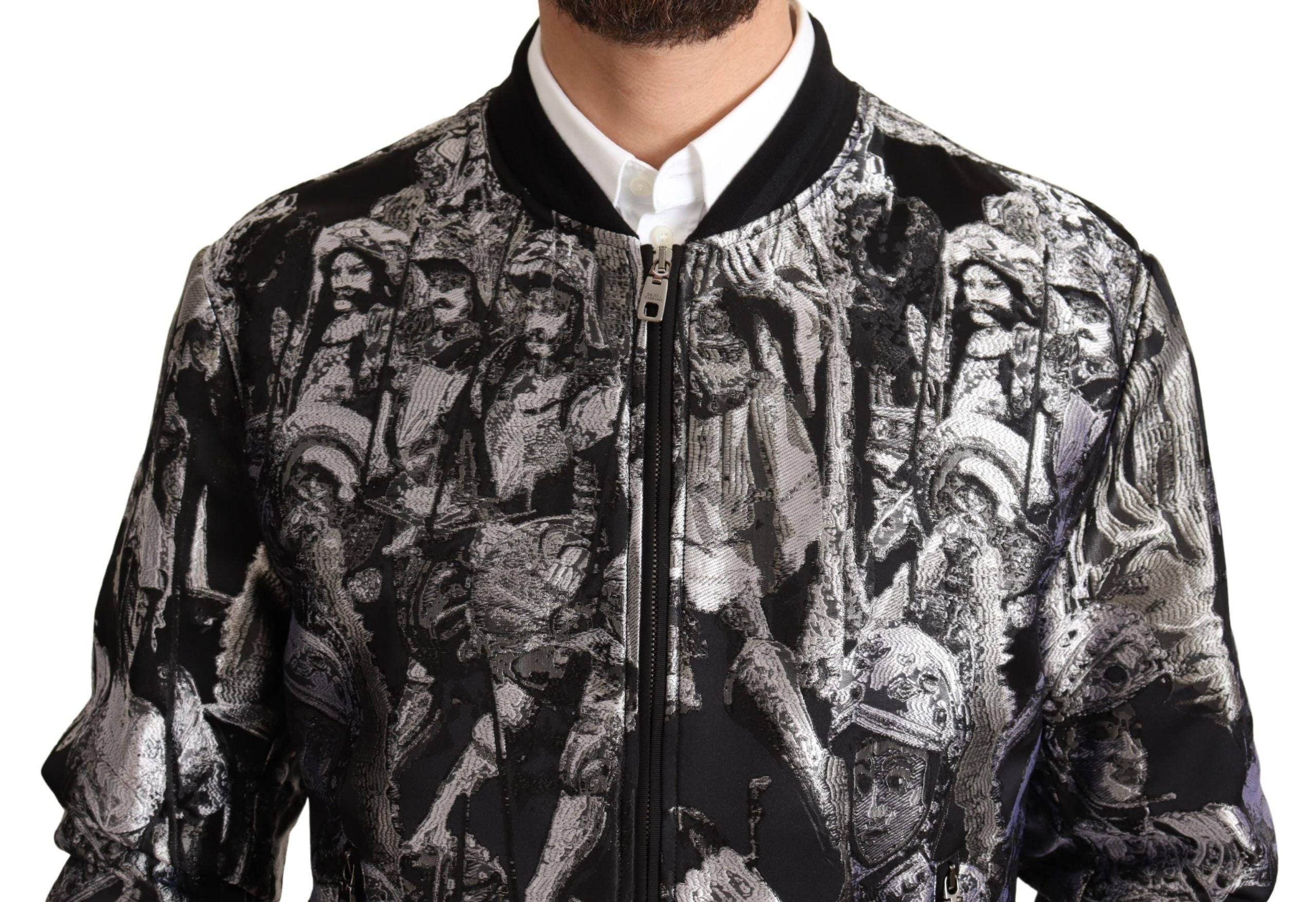 Elegant Black Bomber Jacket with Silver Details - ventzia