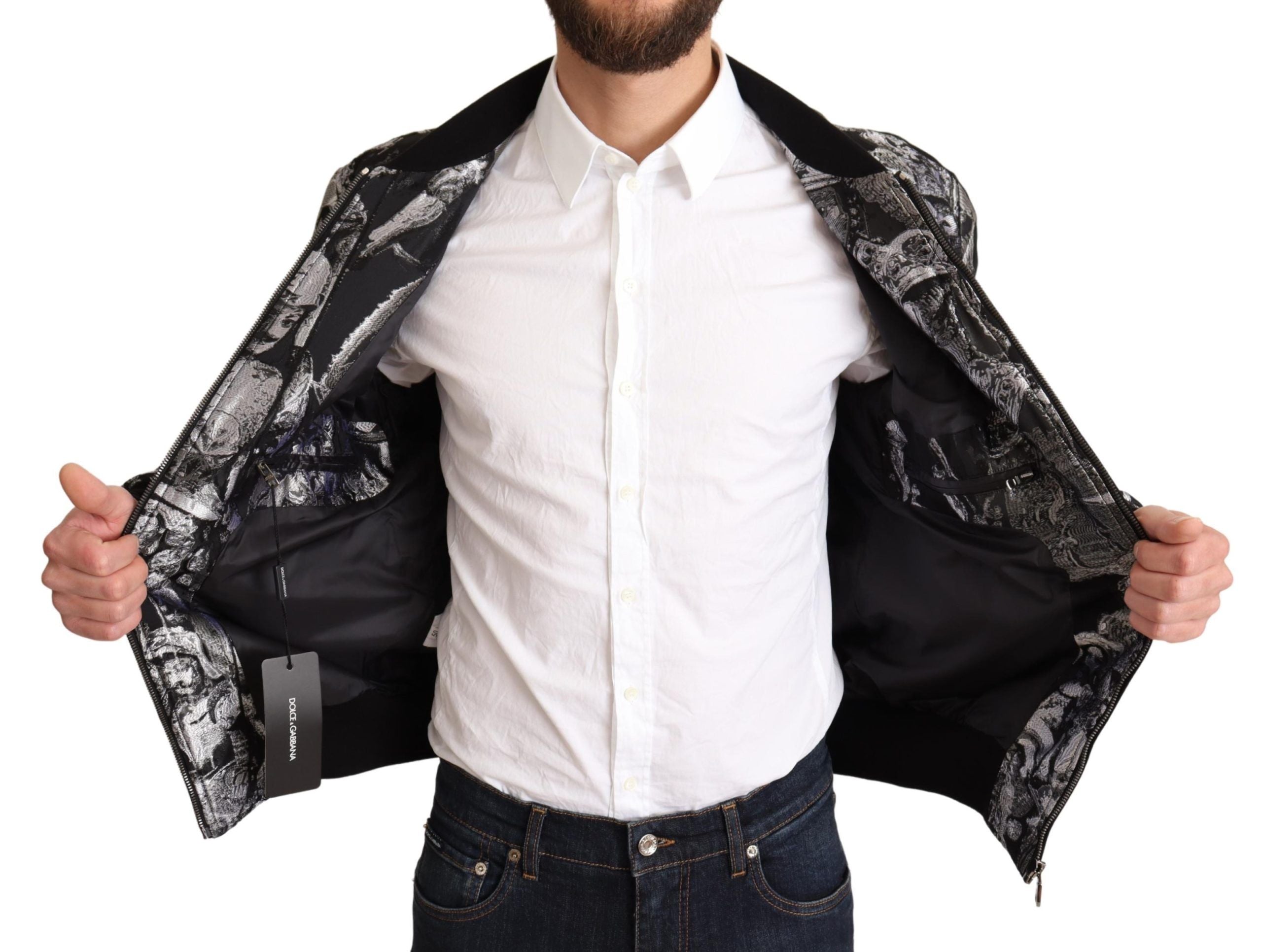 Elegant Black Bomber Jacket with Silver Details - ventzia