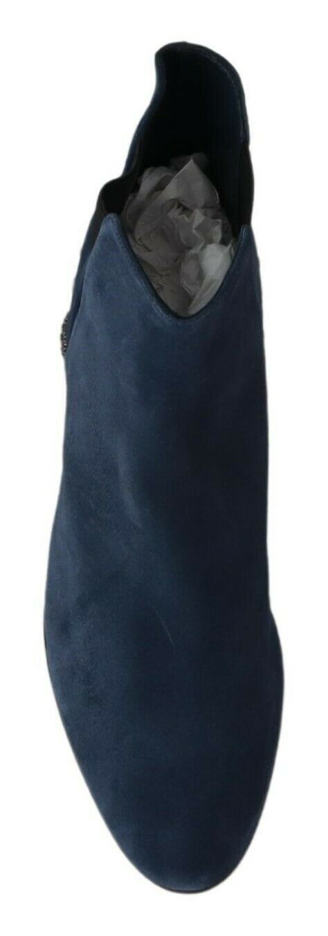 Chic Blue Suede Mid-Calf Boots with Stud Details - ventzia