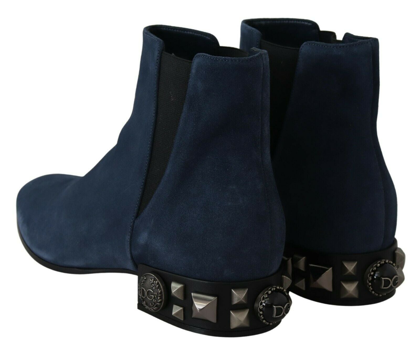 Chic Blue Suede Mid-Calf Boots with Stud Details - ventzia