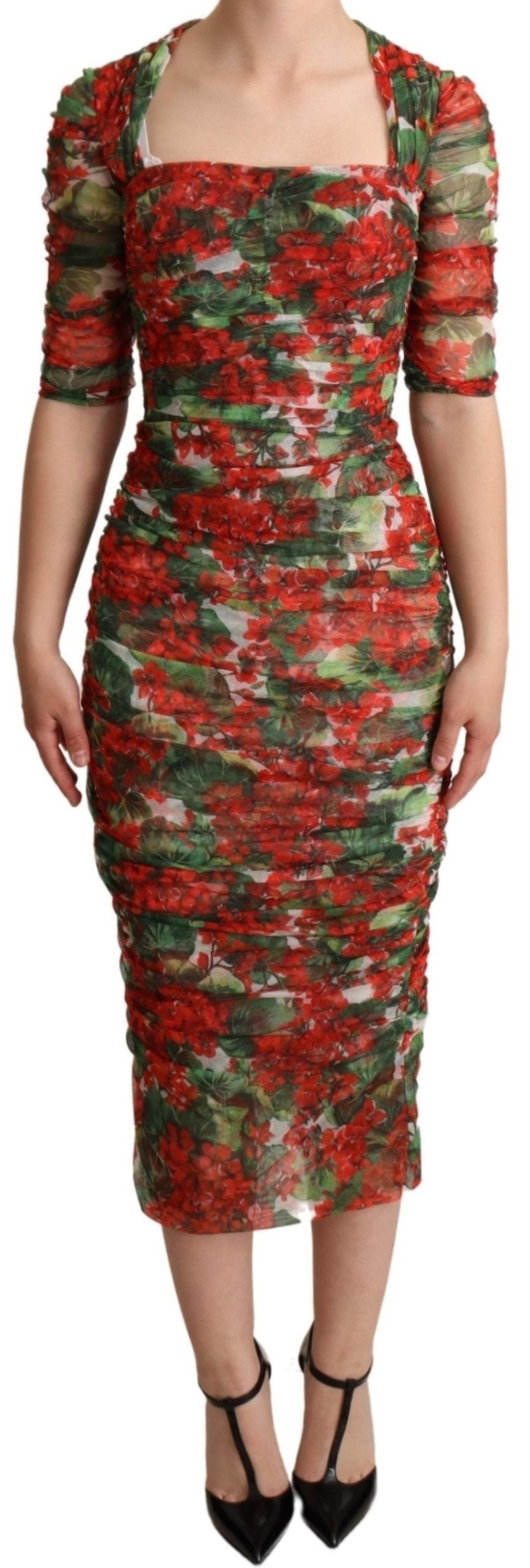 Elegant Red Floral Midi Sheath Dress - ventzia