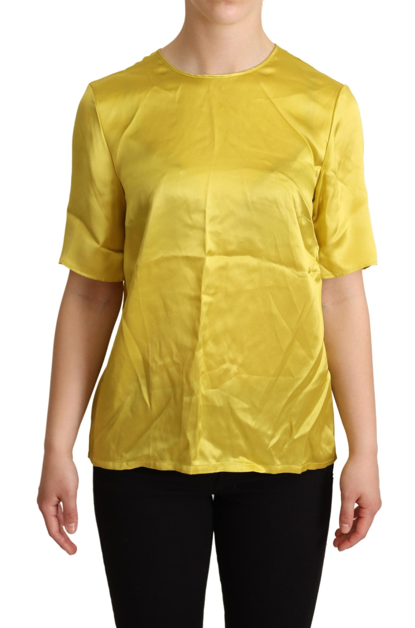 Elegant Silk Short Sleeve Blouse Top - Yellow - ventzia