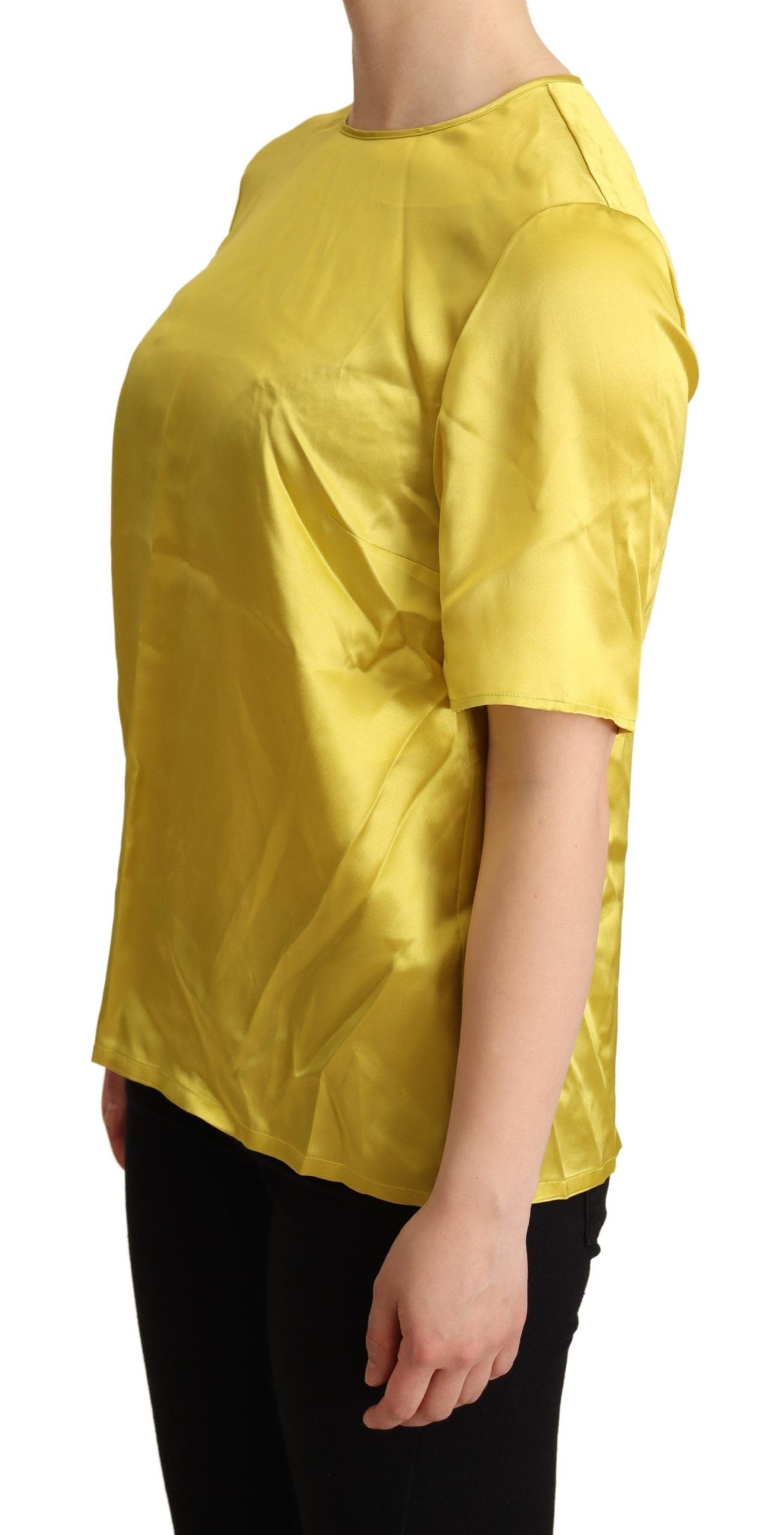 Elegant Silk Short Sleeve Blouse Top - Yellow - ventzia