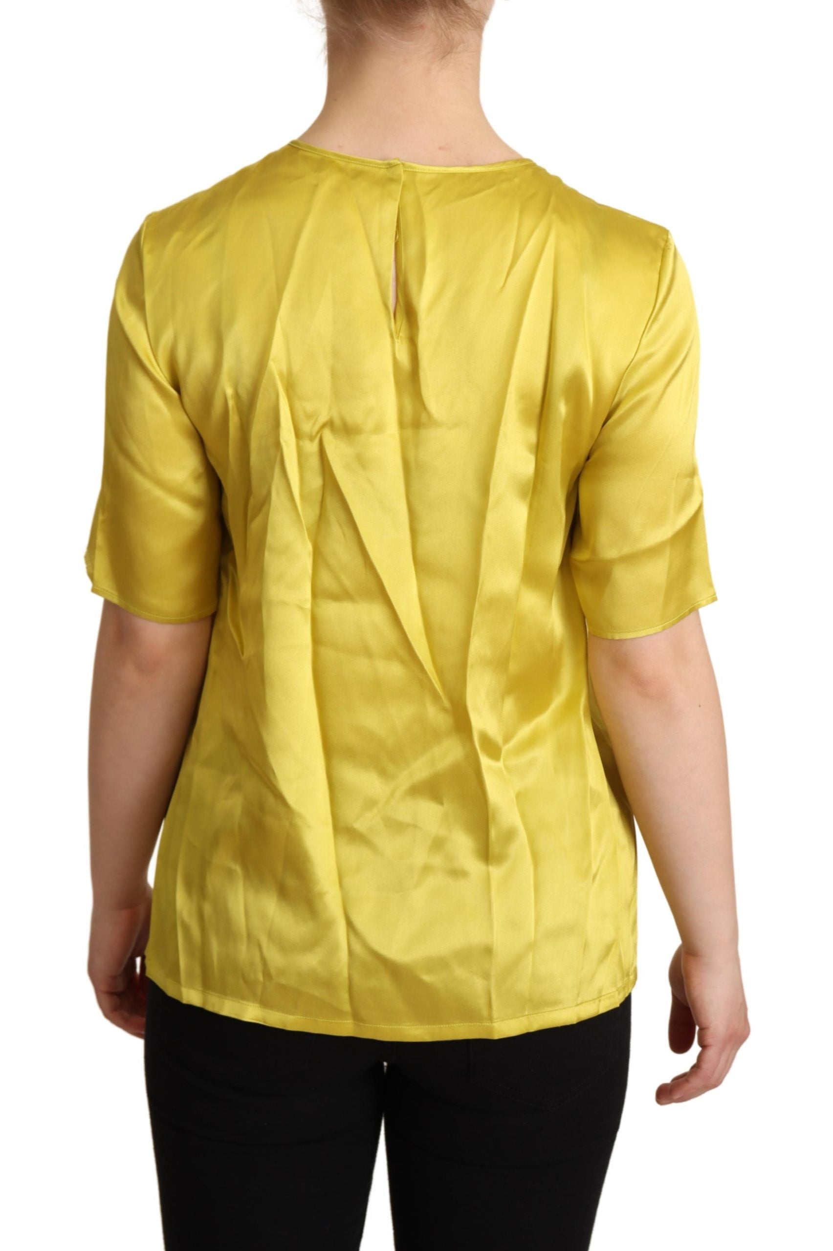 Elegant Silk Short Sleeve Blouse Top - Yellow - ventzia