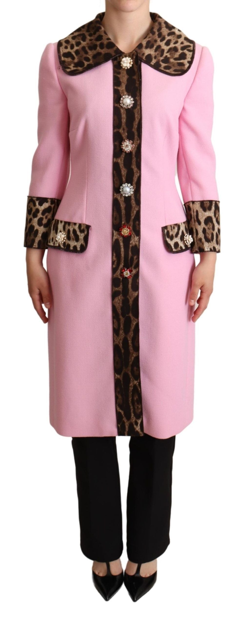 Chic Pink Leopard Trench with Crystal Buttons - ventzia