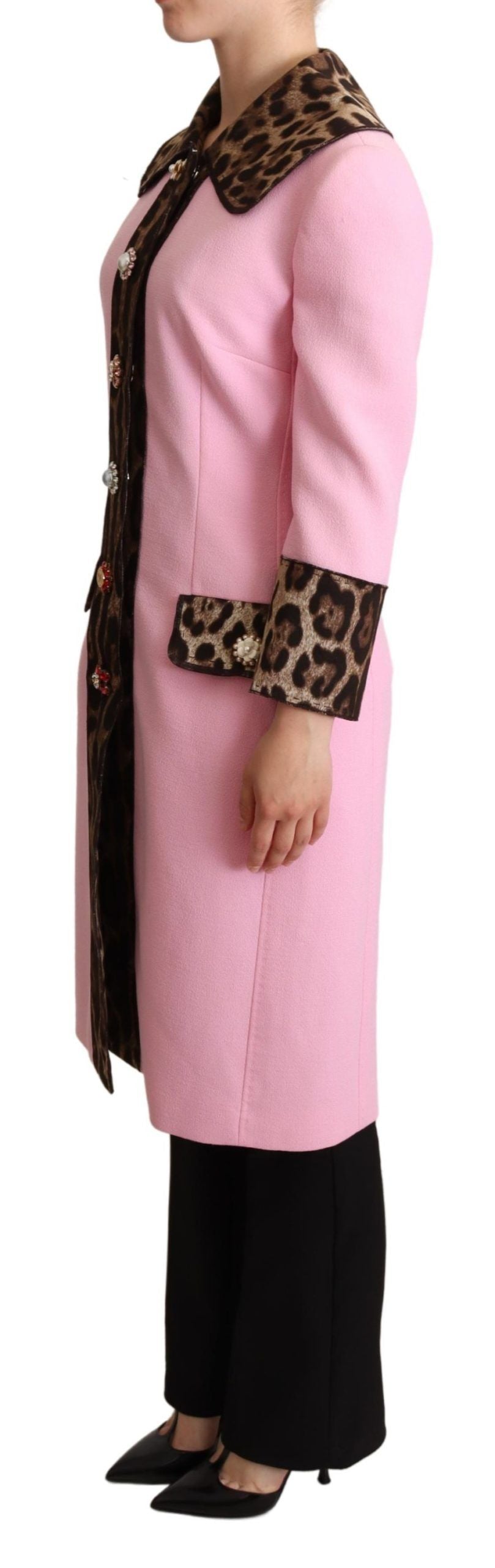Chic Pink Leopard Trench with Crystal Buttons - ventzia