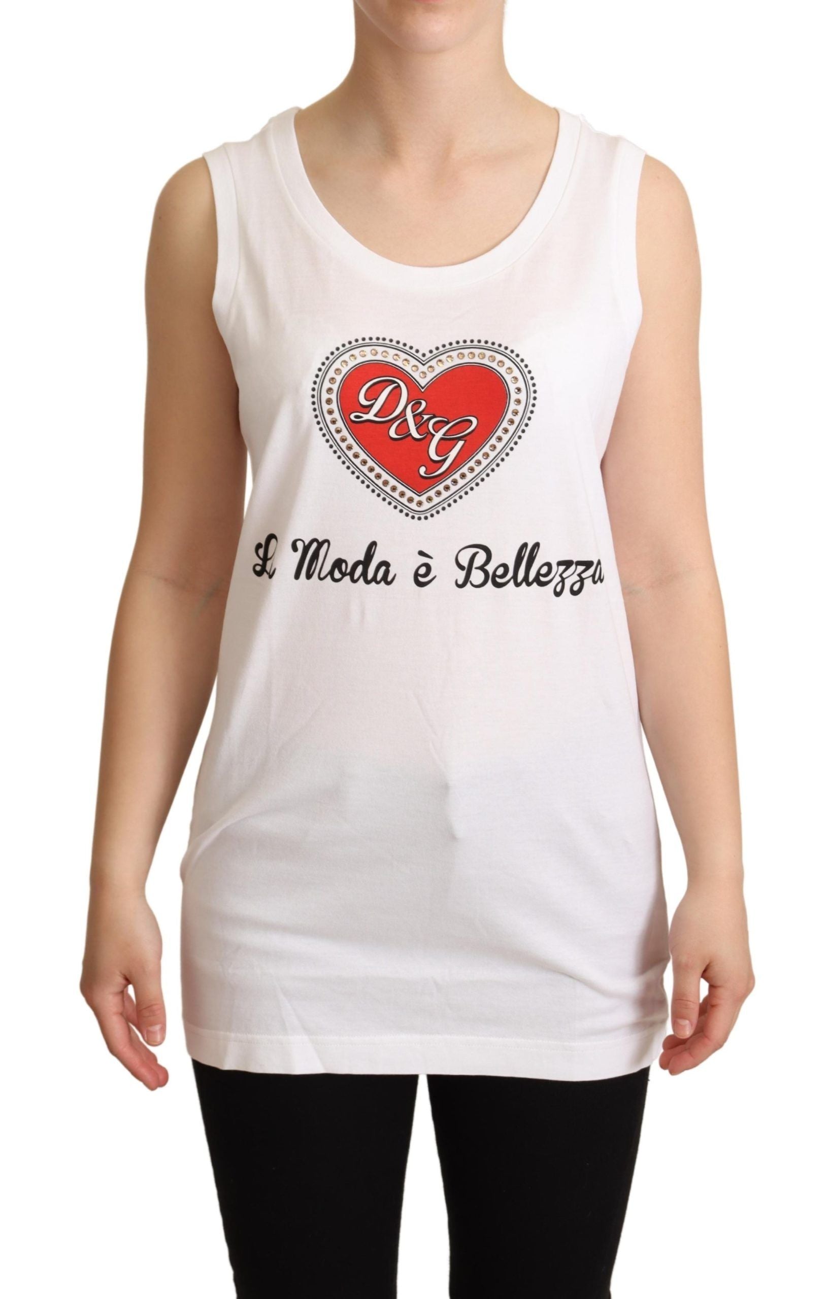 Crystal Embellished Heart White Sleeveless Tee - ventzia