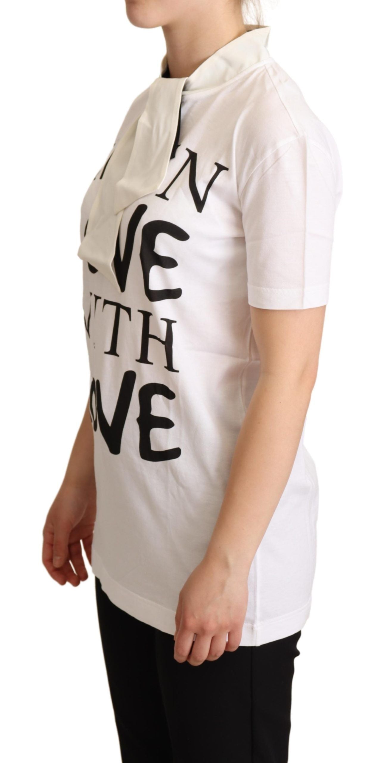 Chic White Love Motif Silk-Blend Tee - ventzia