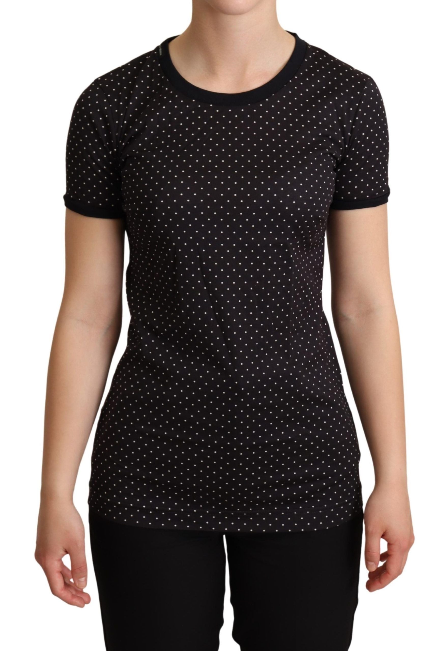 Polka Dotted Black Short Sleeve Crewneck Top - ventzia