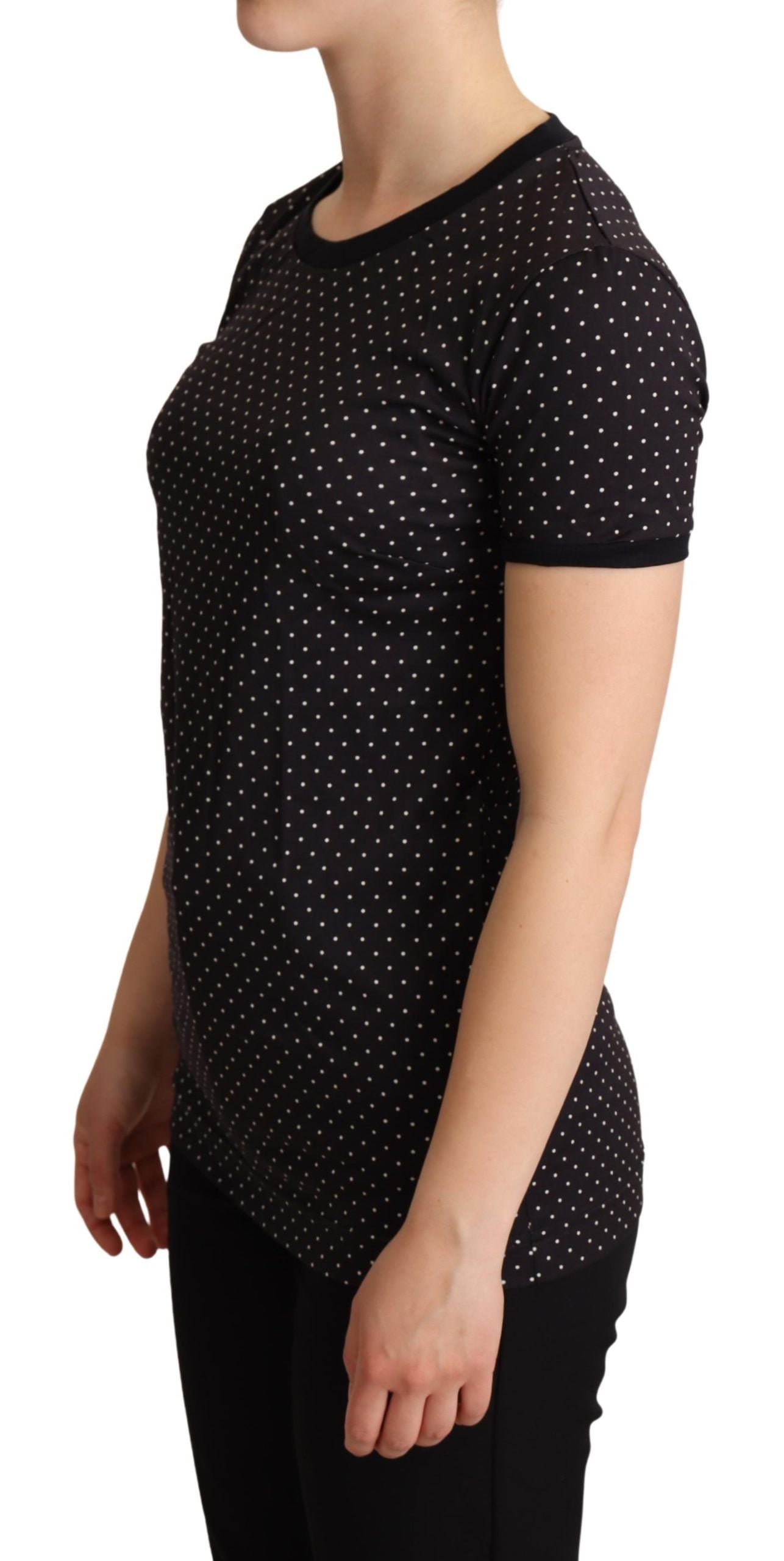 Polka Dotted Black Short Sleeve Crewneck Top - ventzia