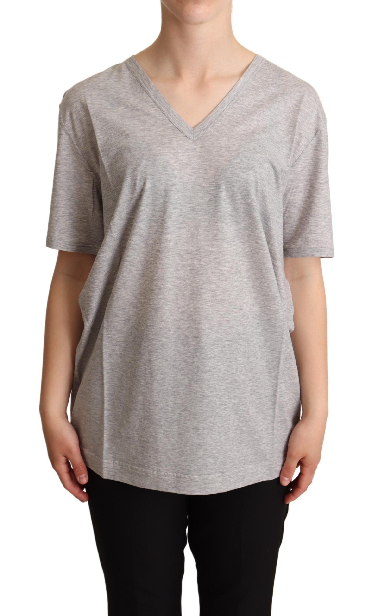 Elegant Gray V-Neck Cotton Tee - ventzia