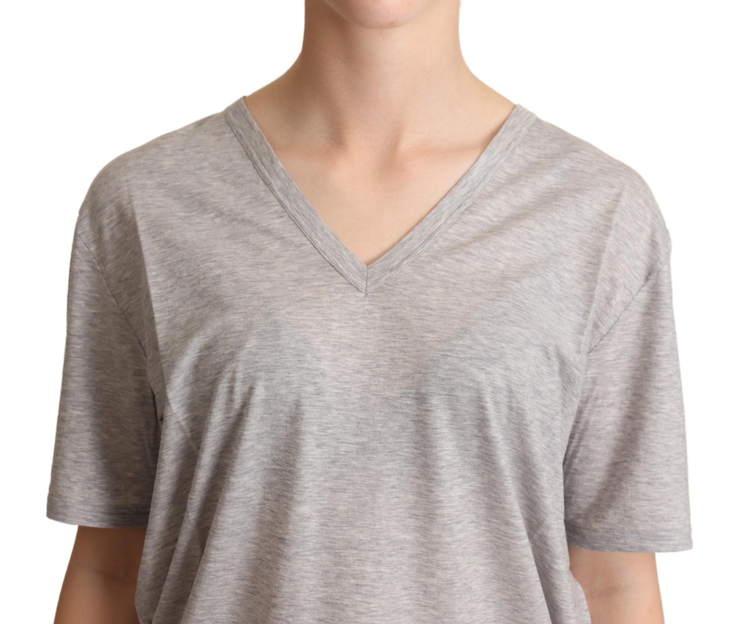 Elegant Gray V-Neck Cotton Tee - ventzia