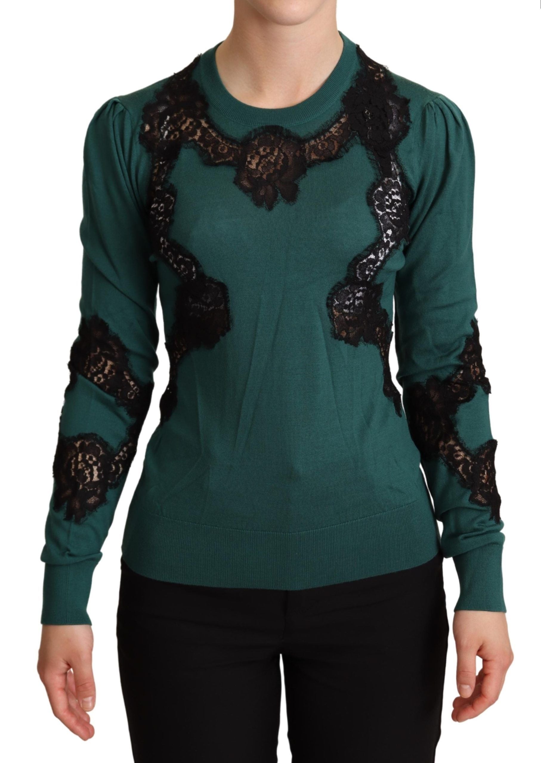 Elegant Green Pullover with Black Lace Detail - ventzia