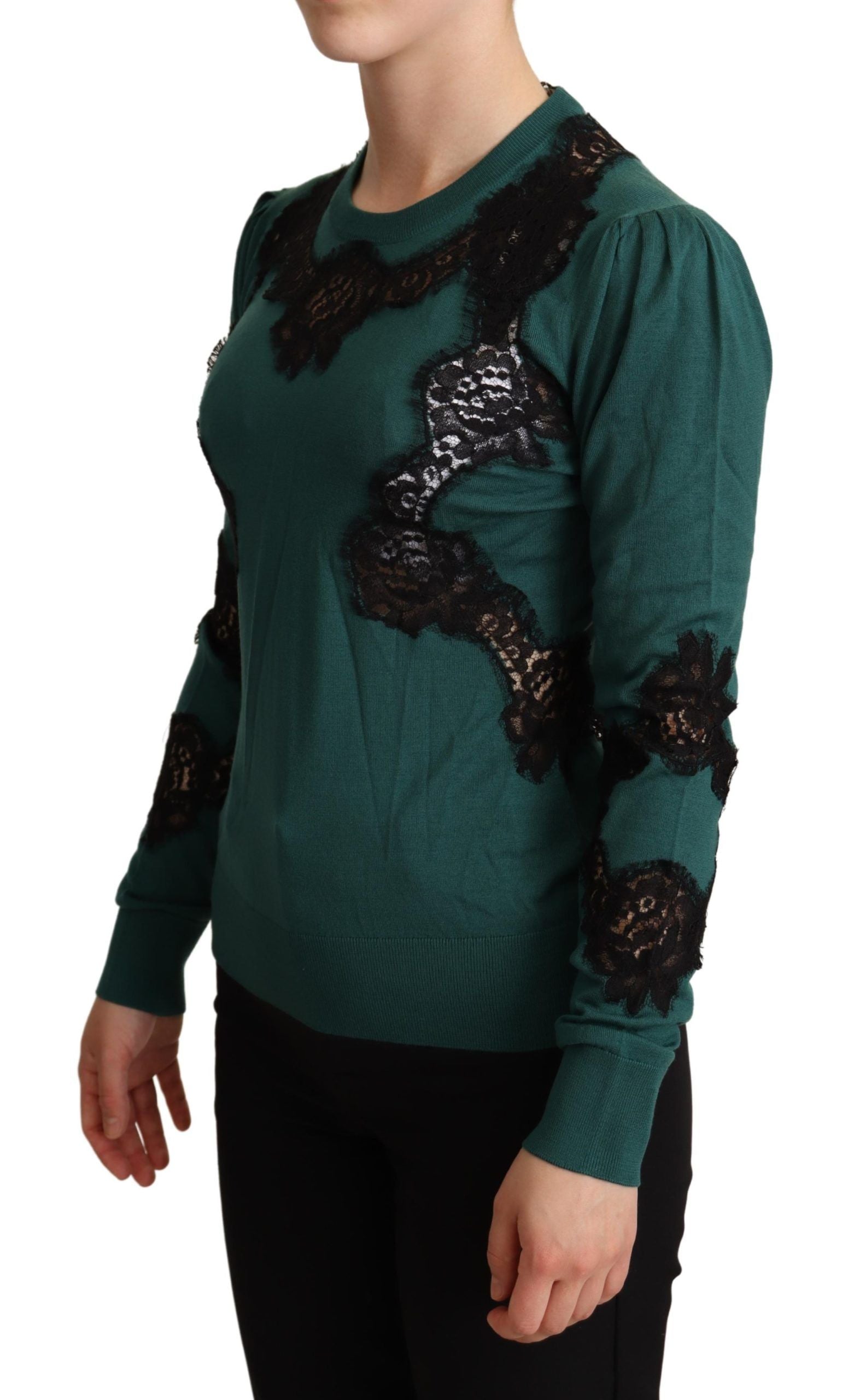 Elegant Green Pullover with Black Lace Detail - ventzia