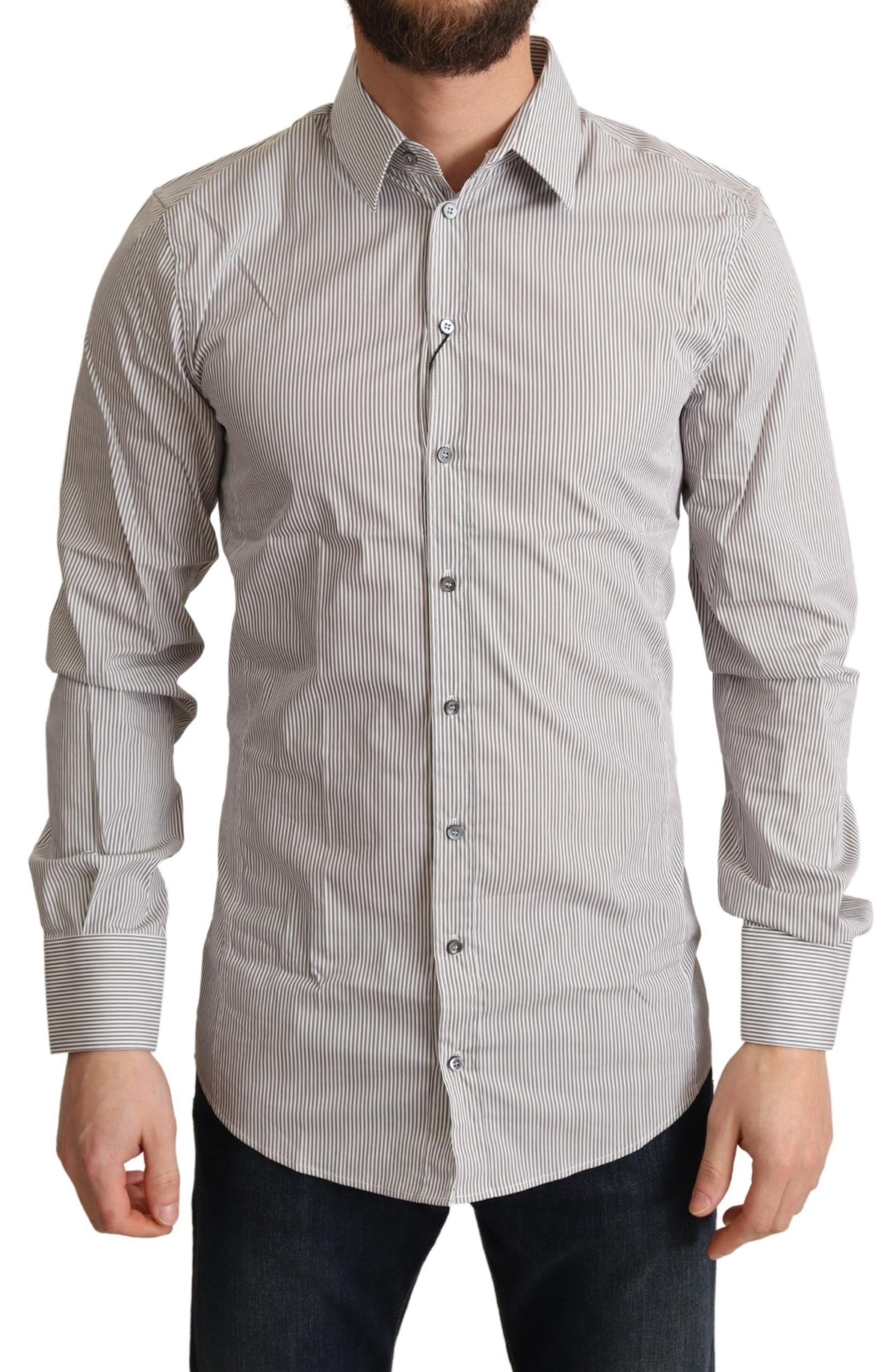 Elegant Gray Striped Slim Fit Dress Shirt - ventzia
