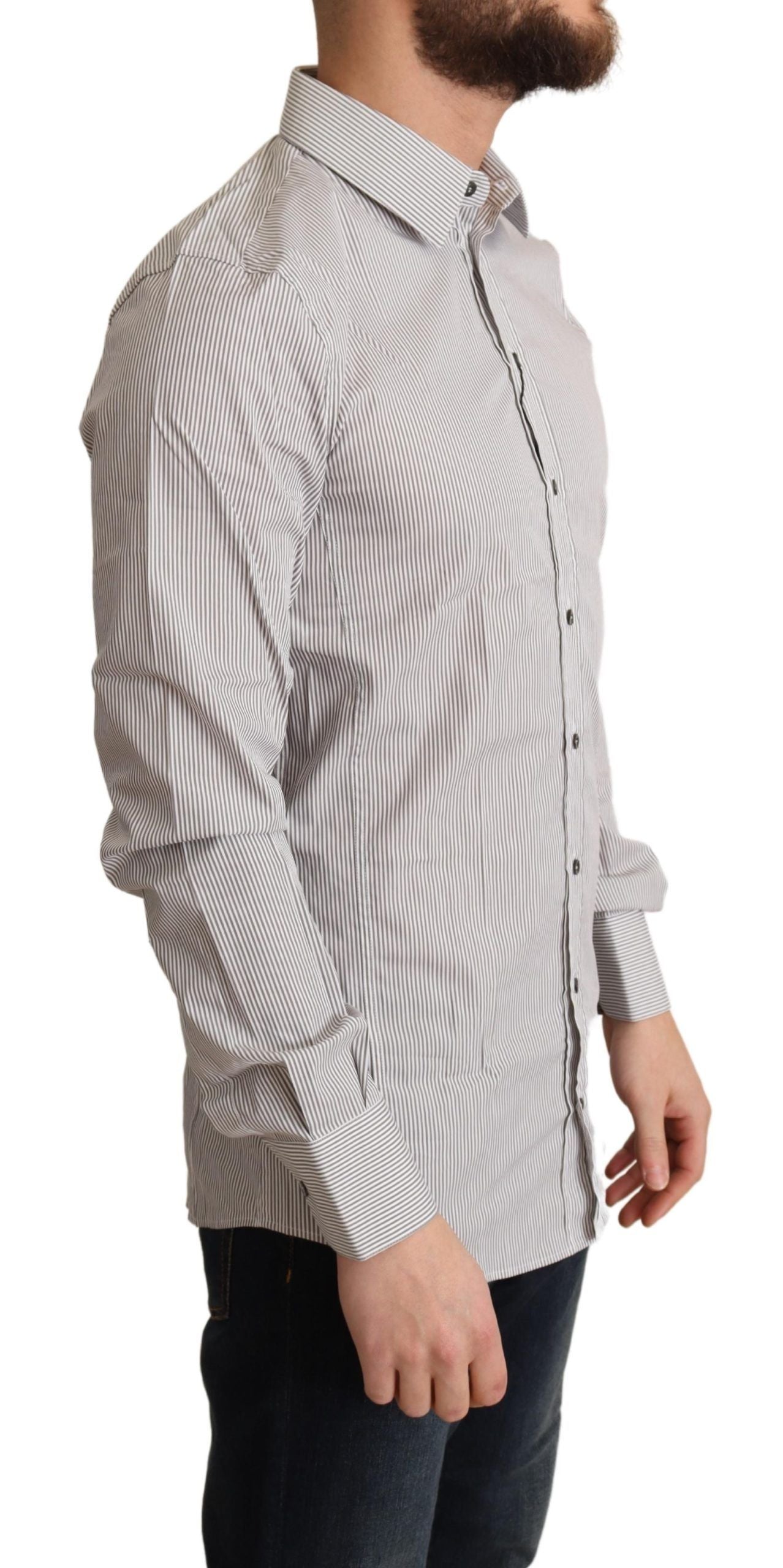 Elegant Gray Striped Slim Fit Dress Shirt - ventzia