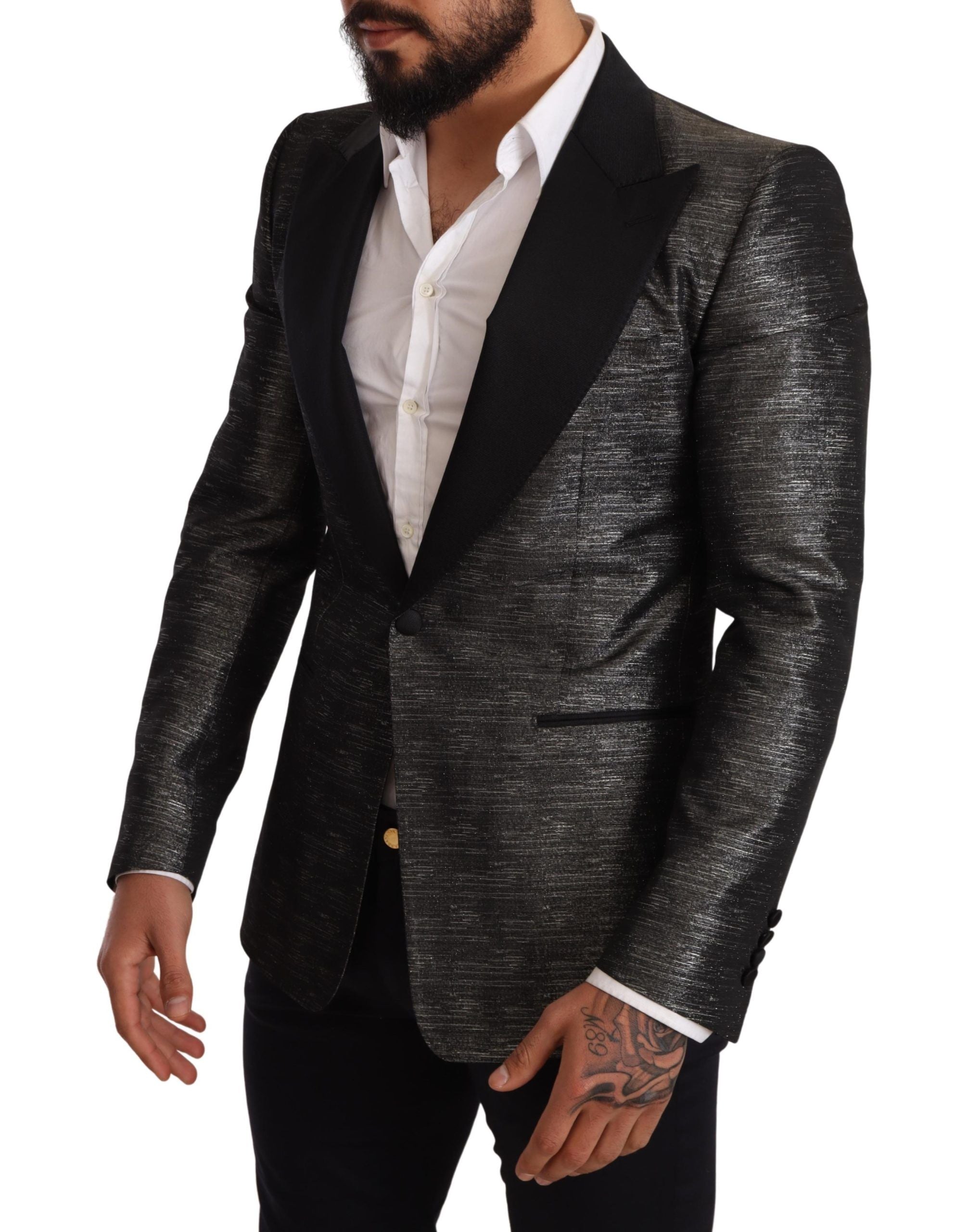Metallic Gray Jacquard Slim Fit Blazer - ventzia