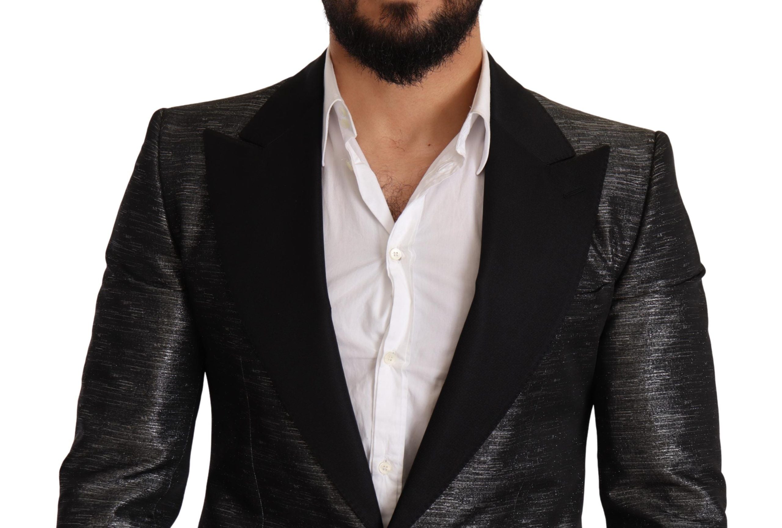 Metallic Gray Jacquard Slim Fit Blazer - ventzia