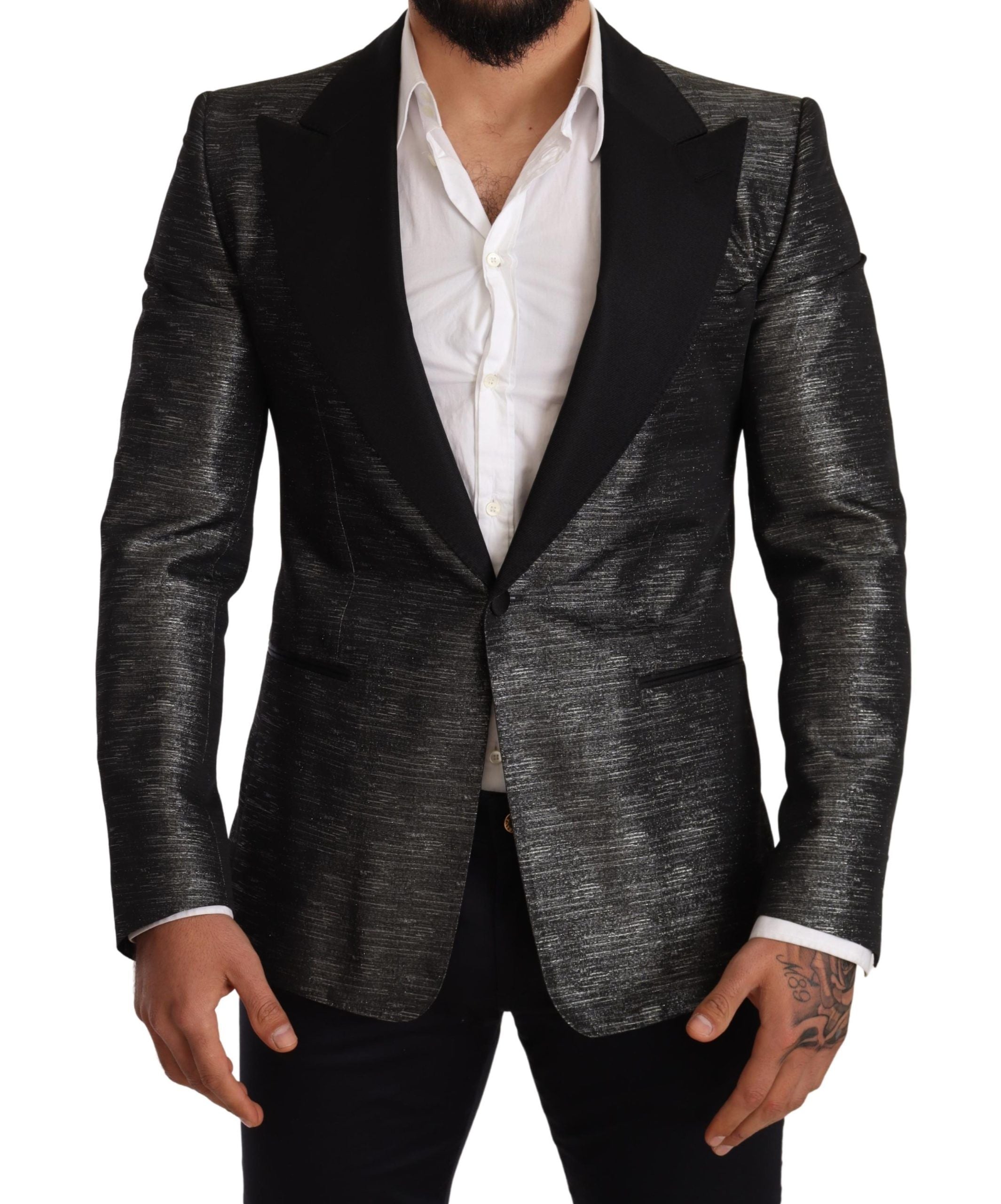 Metallic Gray Jacquard Slim Fit Blazer - ventzia