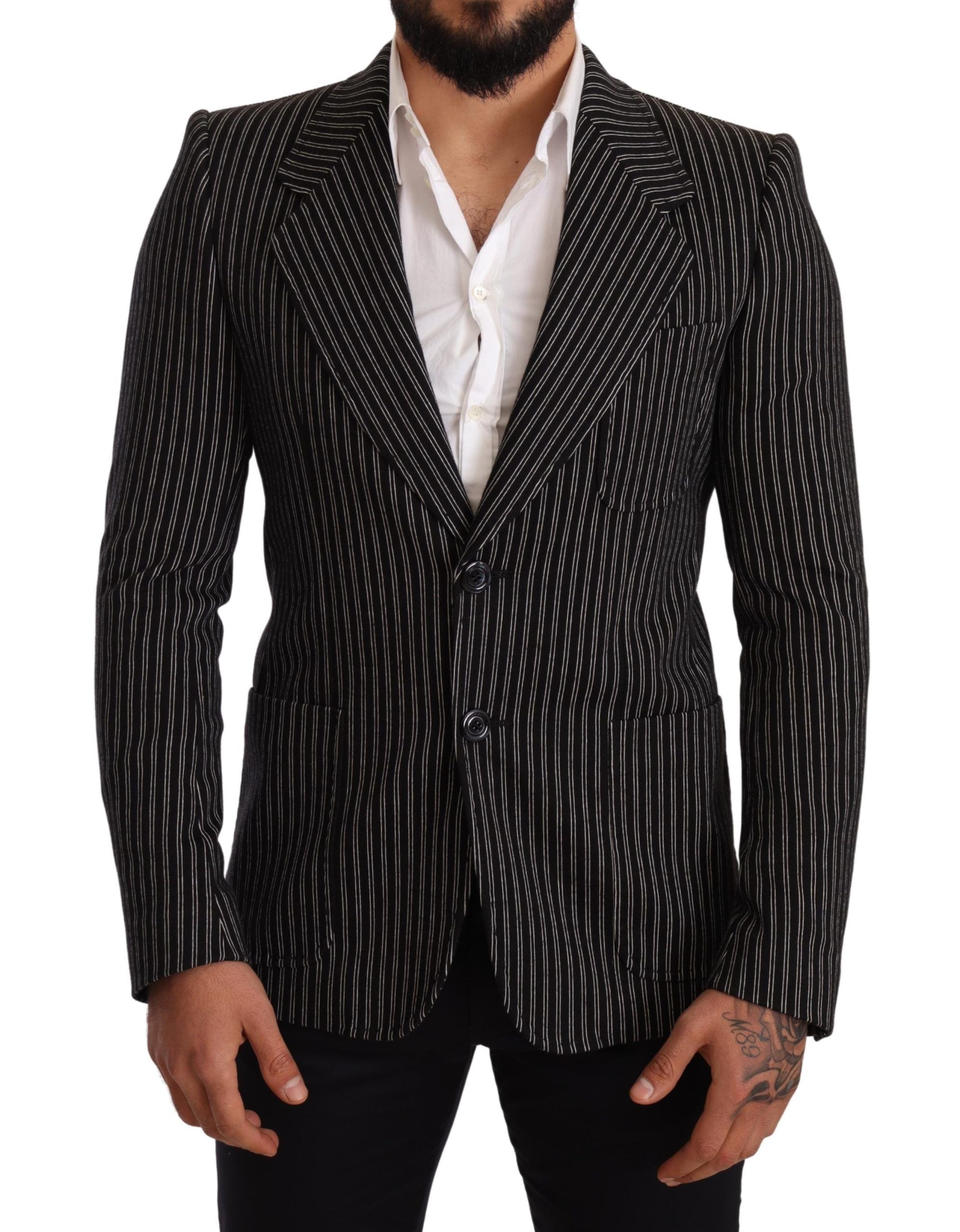 Elegant Black Striped Virgin Wool Blazer - ventzia