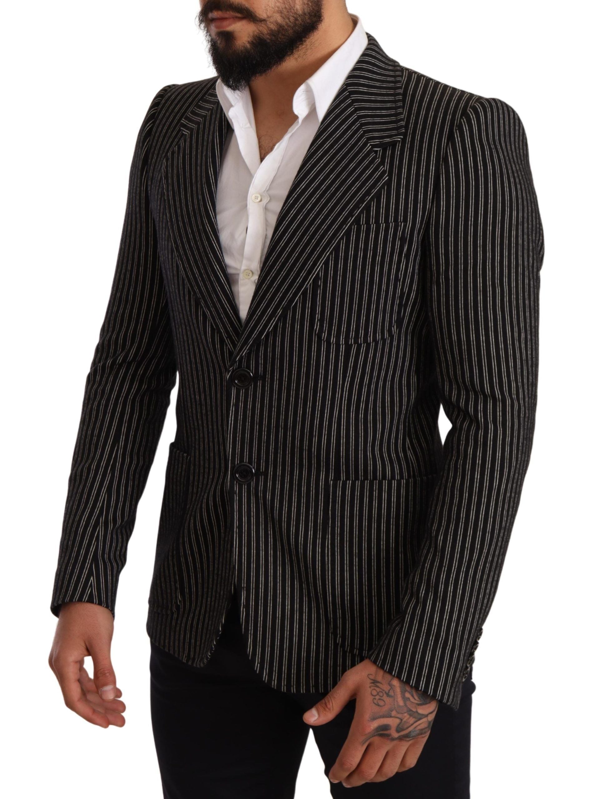 Elegant Black Striped Virgin Wool Blazer - ventzia